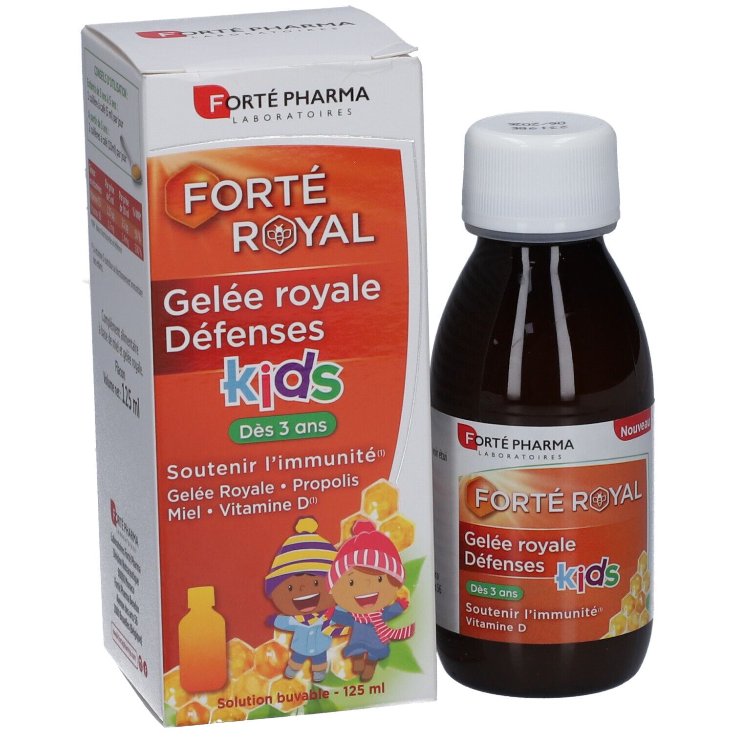 Forté Royal Gelée Royale Défense Kids. Flacon et emballage. Emballage orange avec nom du produit et illustrations. Bouteille avec bouchon blanc.