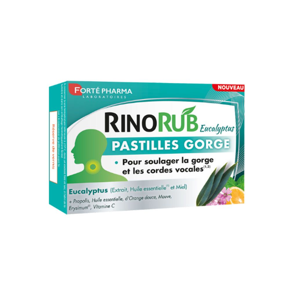 Boîte de Pastilles Gorge Rinobub. Emballage vert et blanc avec nom du produit et illustration d'une gorge. Contient de l'eucalyptus.