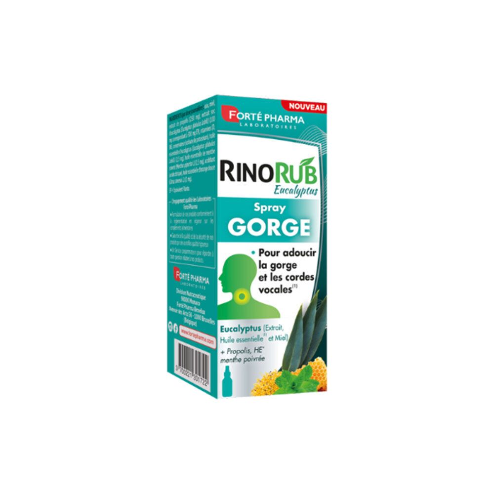 Boîte Rinobub Spray Gorge. Vert et blanc, nom du produit et ingrédients. Étiquette "Nouveau".