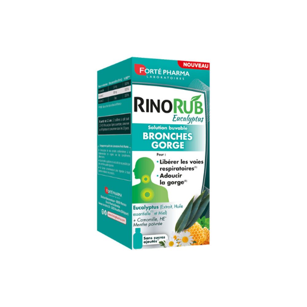 Verpackung von Rinobub Bronchien Hals. Grün-weiße Schachtel mit Produktnamen und Logo. Flasche mit Flüssigkeit.