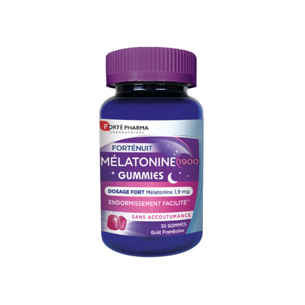 Flacon de FORTÉ PHARMA Forté Nuit Mélatonine 1900 Gummies. Bouchon violet, flacon bleu, nom du produit et logo.