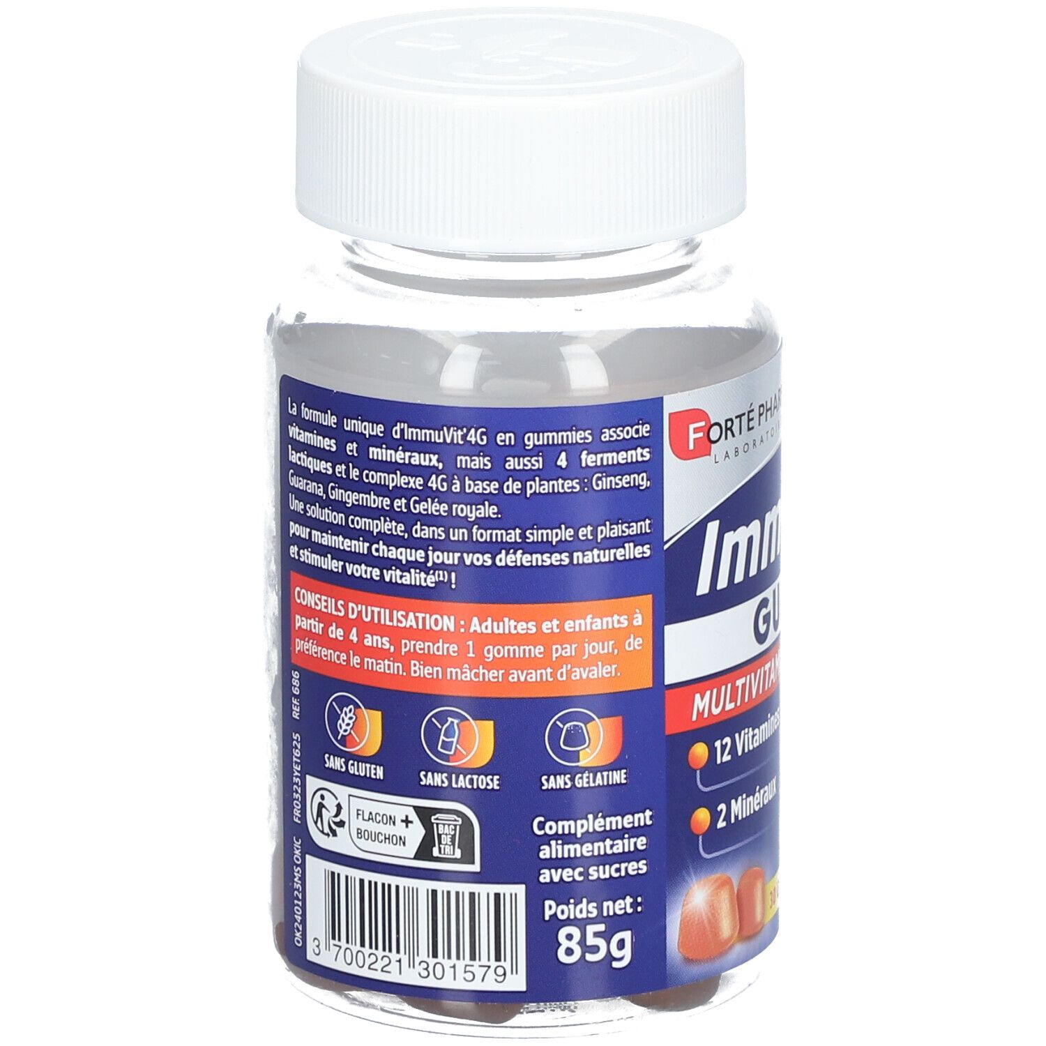 Dos du flacon. Étiquette avec informations sur le produit. Contient : Sans gluten, lactose, gélatine. Poids net : 85g. 30 gommes.