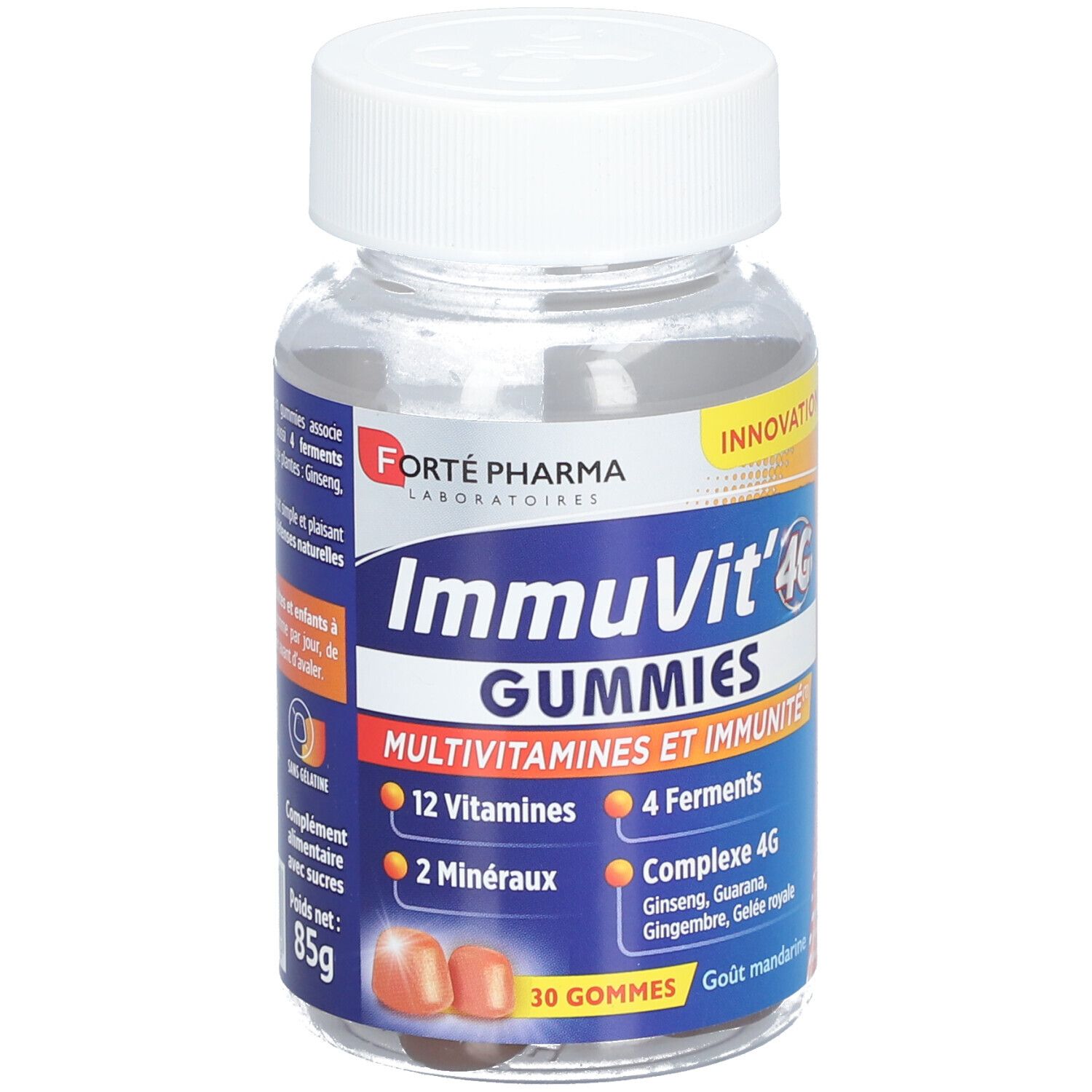 Flacon transparent avec bouchon blanc. Étiquette avec nom du produit : ImmuVit'4G GUMMIES. Contient 12 vitamines, 4 ferments, 2 minéraux.