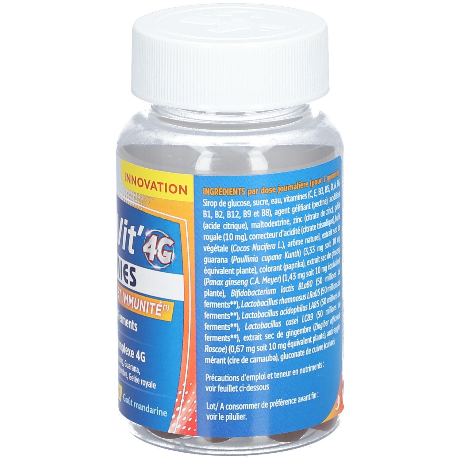 Dos du flacon. Étiquette avec liste des ingrédients. Contient : glucose, sucre, vitamines, minéraux, extraits, ferments.