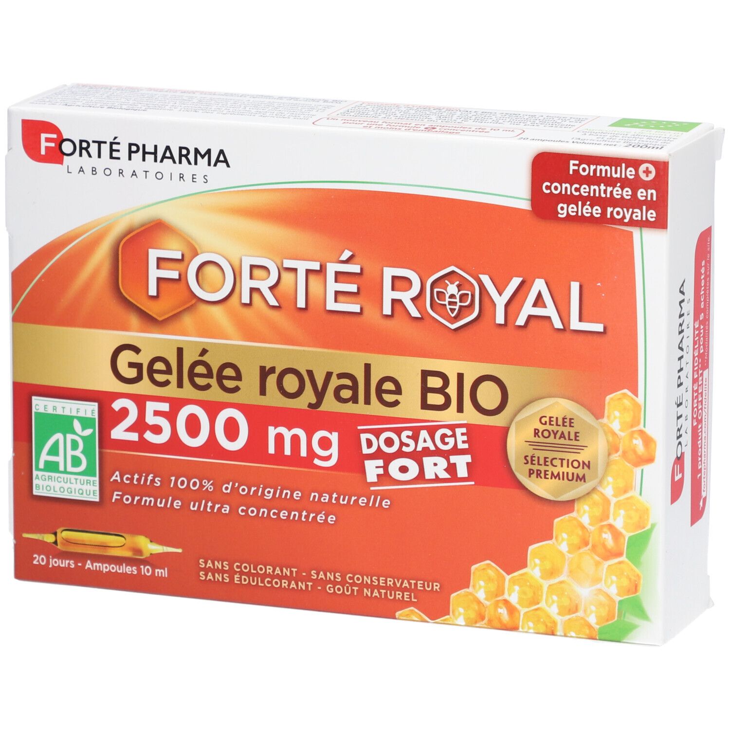 Boîte de Forté Royal Gelée Royale Bio 2500 mg. Design orange et blanc, informations produit et certification AB.