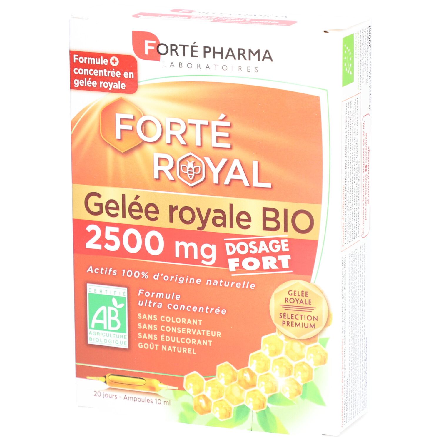 Boîte de Forté Royal Gelée Royale Bio 2500 mg. Design orange et blanc, informations produit et certification AB.