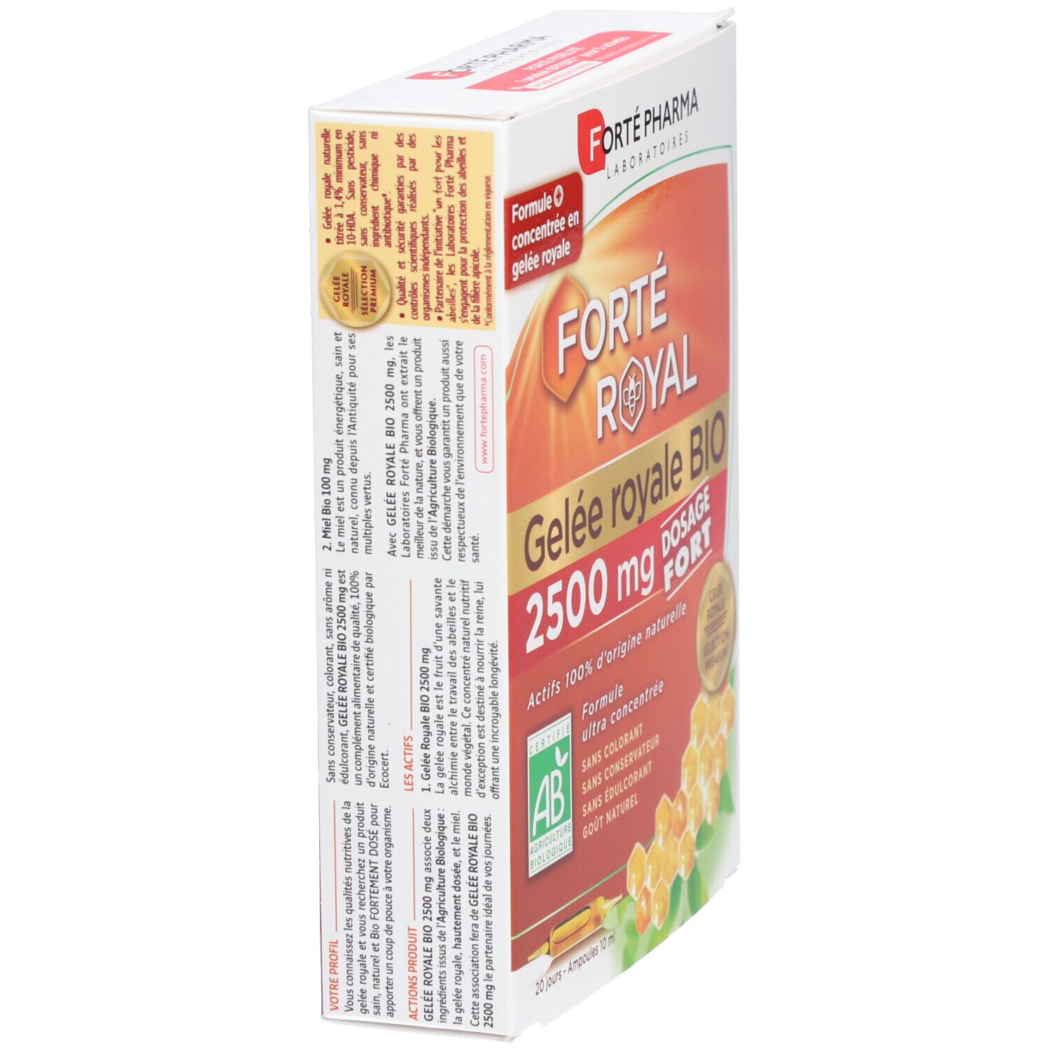 Vue latérale de la boîte Forté Royal Gelée Royale Bio 2500 mg. Texte et informations sur le produit.