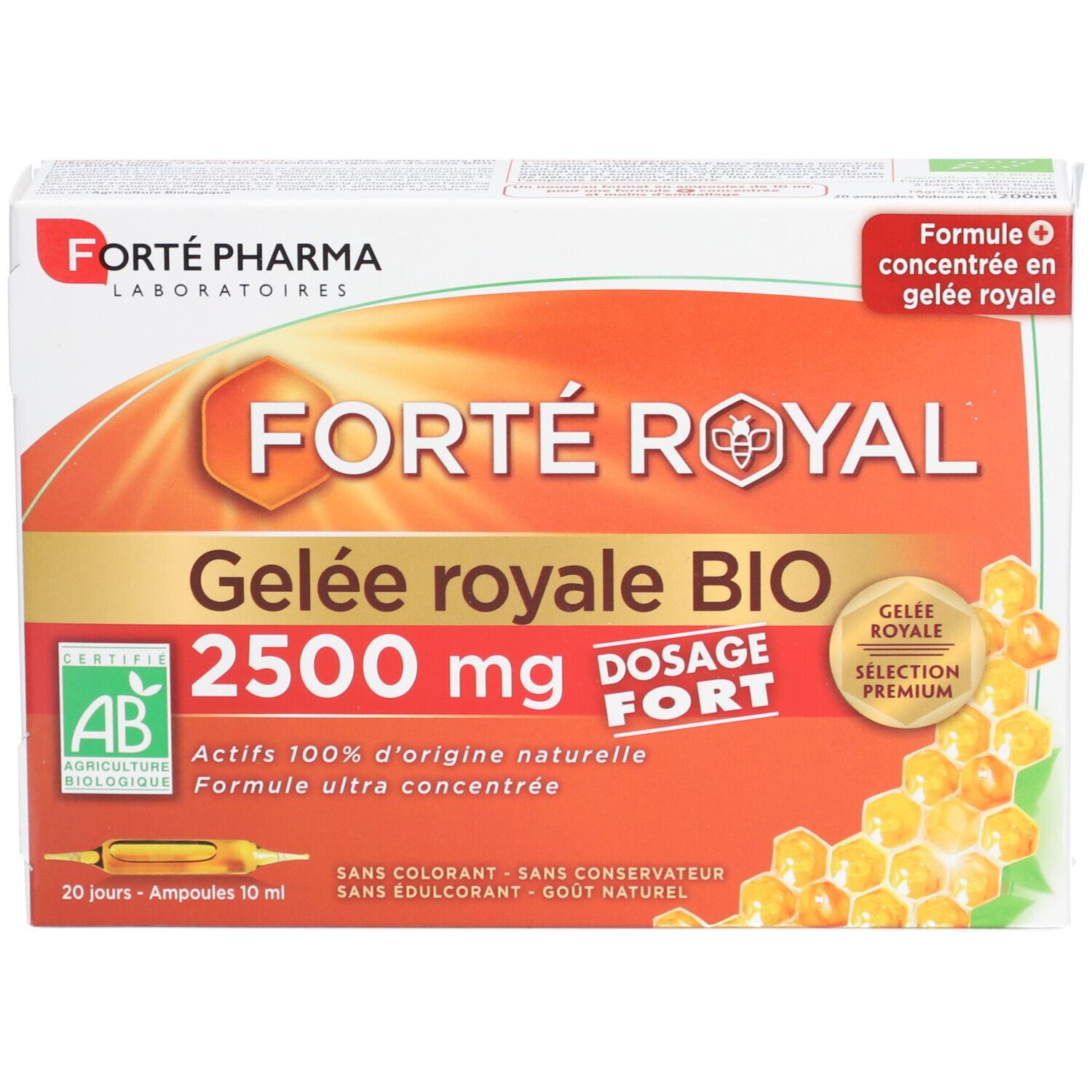 Boîte de Forté Royal Gelée Royale Bio 2500 mg. Design orange et blanc, informations produit et certification AB.