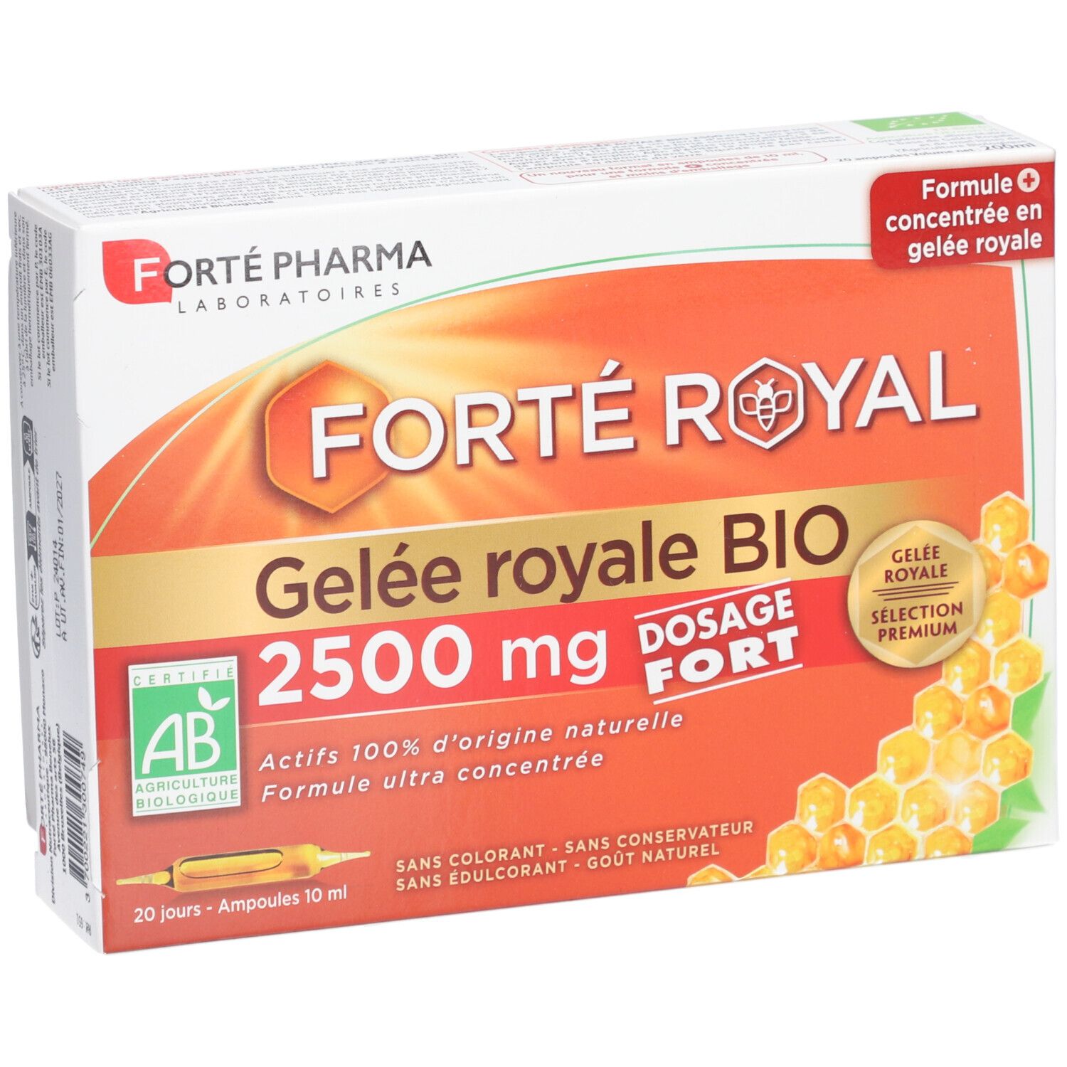 Boîte de Forté Royal Gelée Royale Bio 2500 mg. Design orange et blanc, informations produit et certification AB.