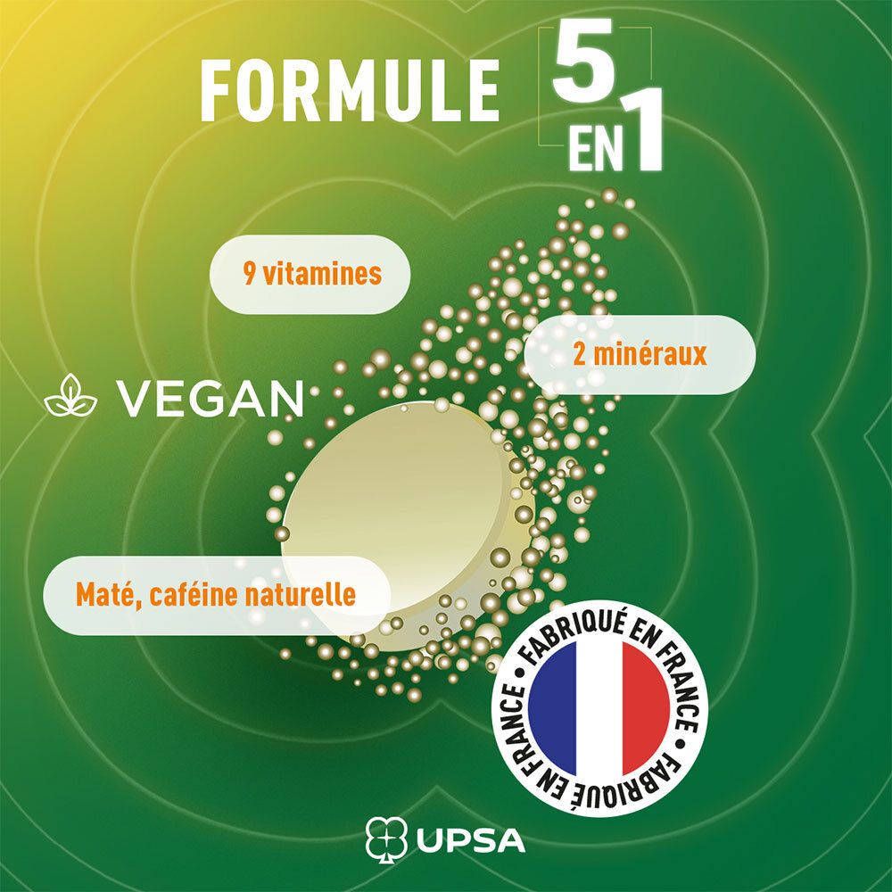 Infographie avec 9 vitamines, 2 minéraux. Vegan. Fabriqué en France. Contient maté et caféine naturelle.