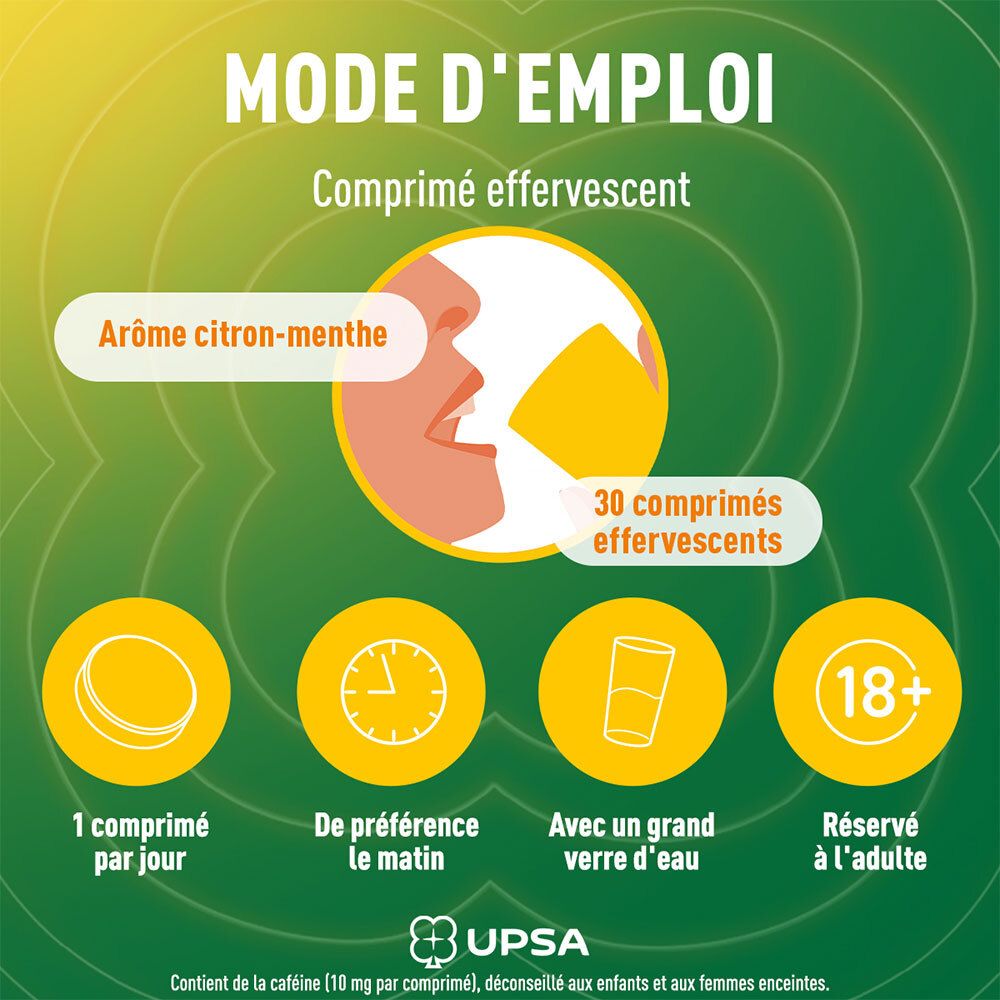 Infographie avec comprimé effervescent. Arôme citron-menthe. 1 comprimé par jour, avec un verre d'eau. Réservé aux adultes.