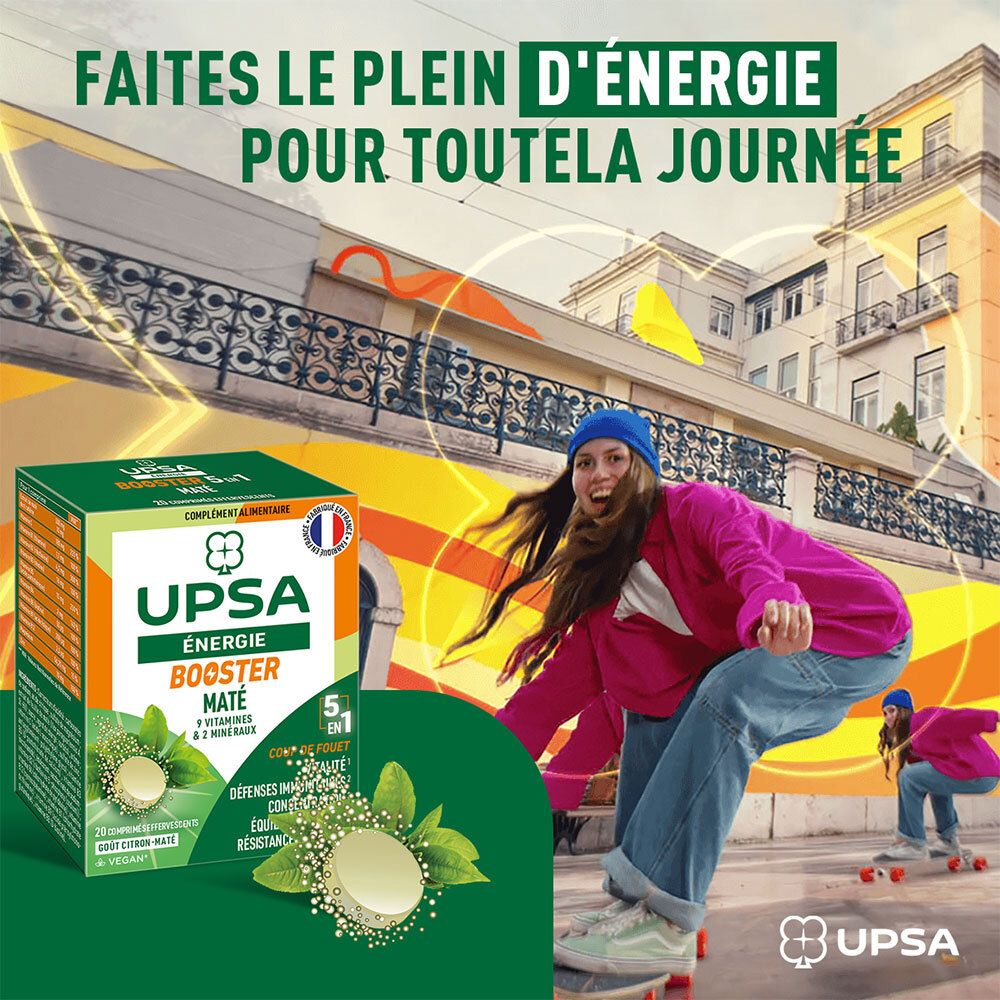 Femme sur skateboard avec boîte UPSA. Contient 20 comprimés effervescents. Fabriqué en France.