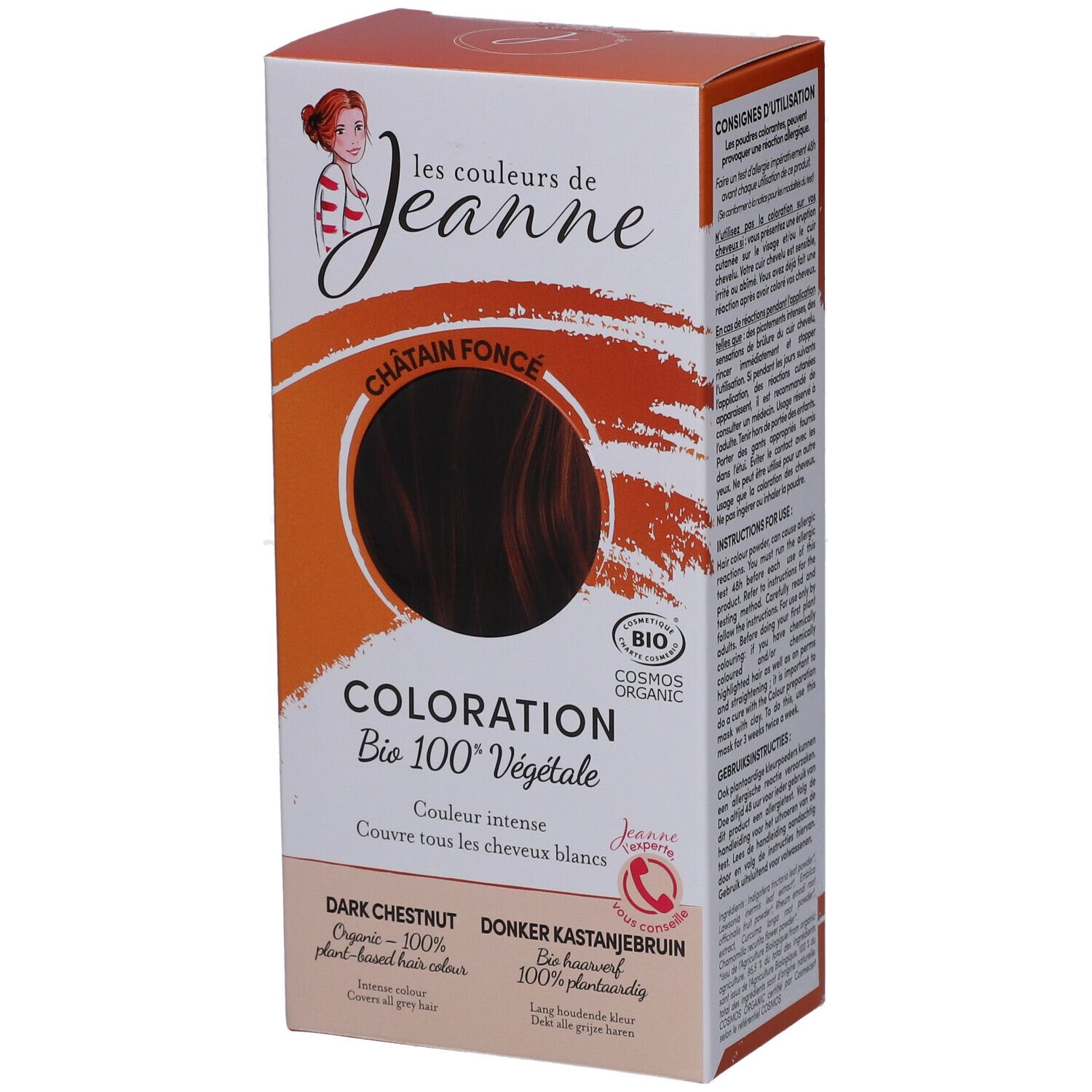Boîte de coloration châtain foncé. Inscription : "les couleurs de Jeanne", "Coloration Bio 100% Végétale". Certification bio.