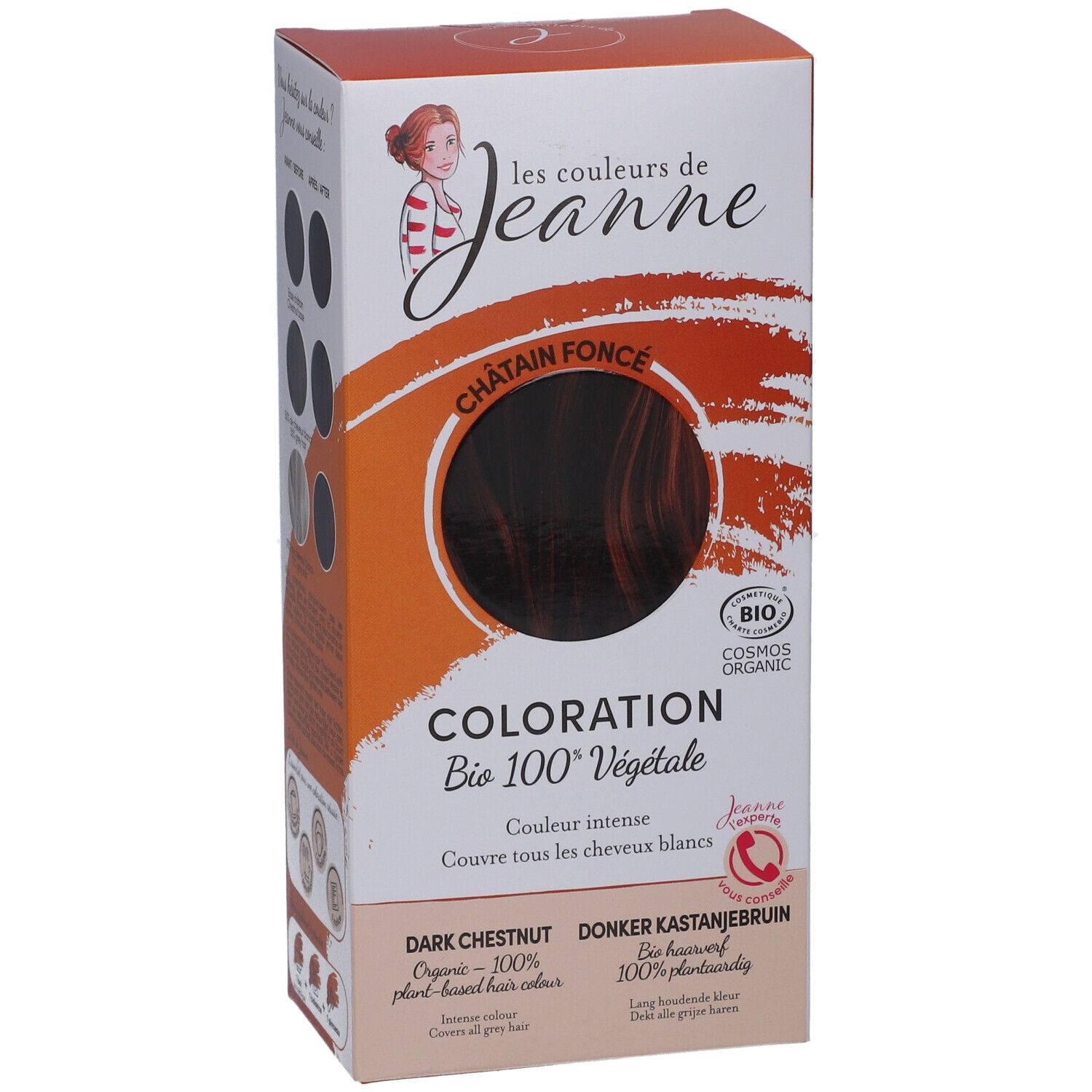 Boîte de coloration châtain foncé. Inscription : "les couleurs de Jeanne", "Coloration Bio 100% Végétale". Certification bio.