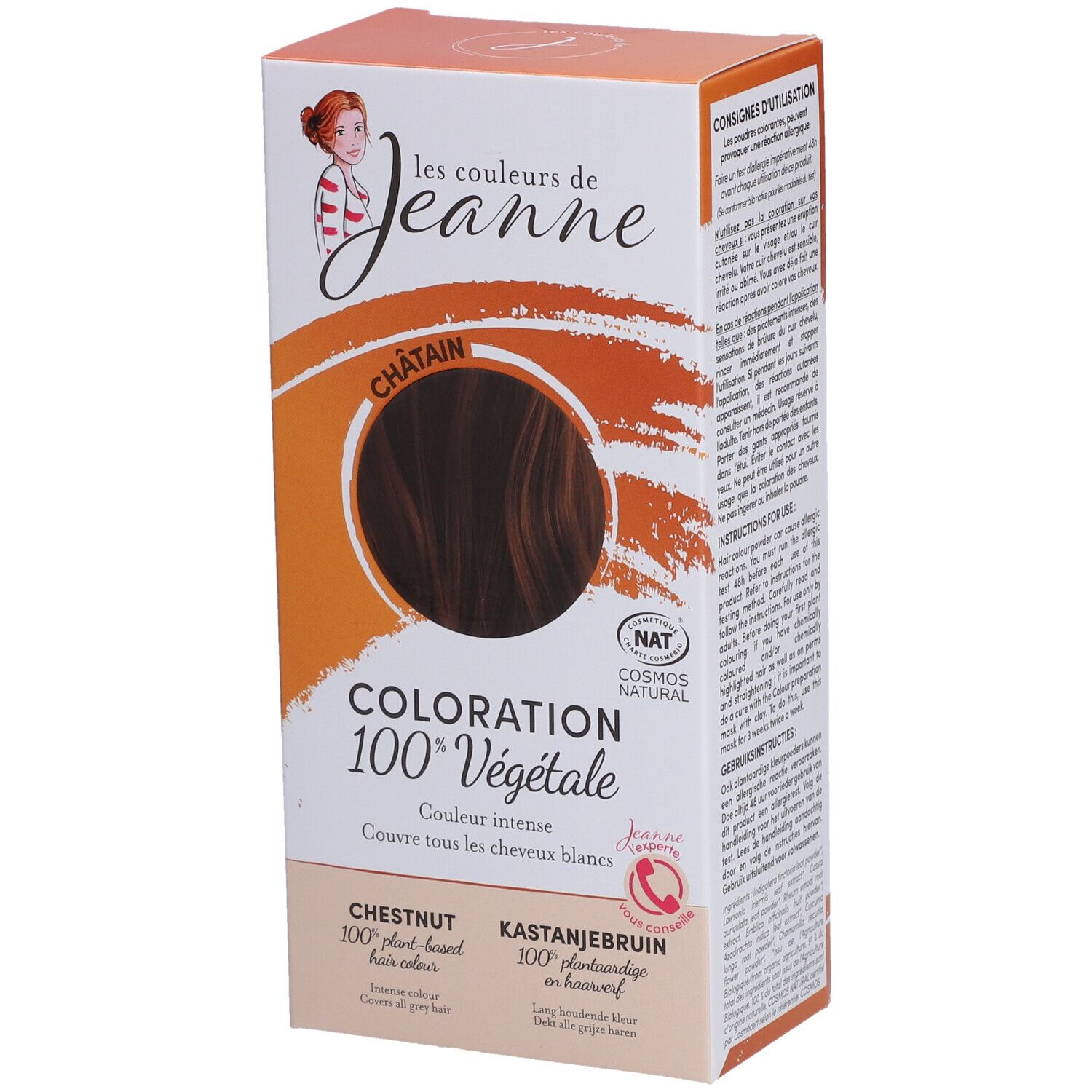 Boîte de coloration capillaire. Marque: "les couleurs de Jeanne". Produit: "Coloration 100% Végétale". Couleur: Châtain.