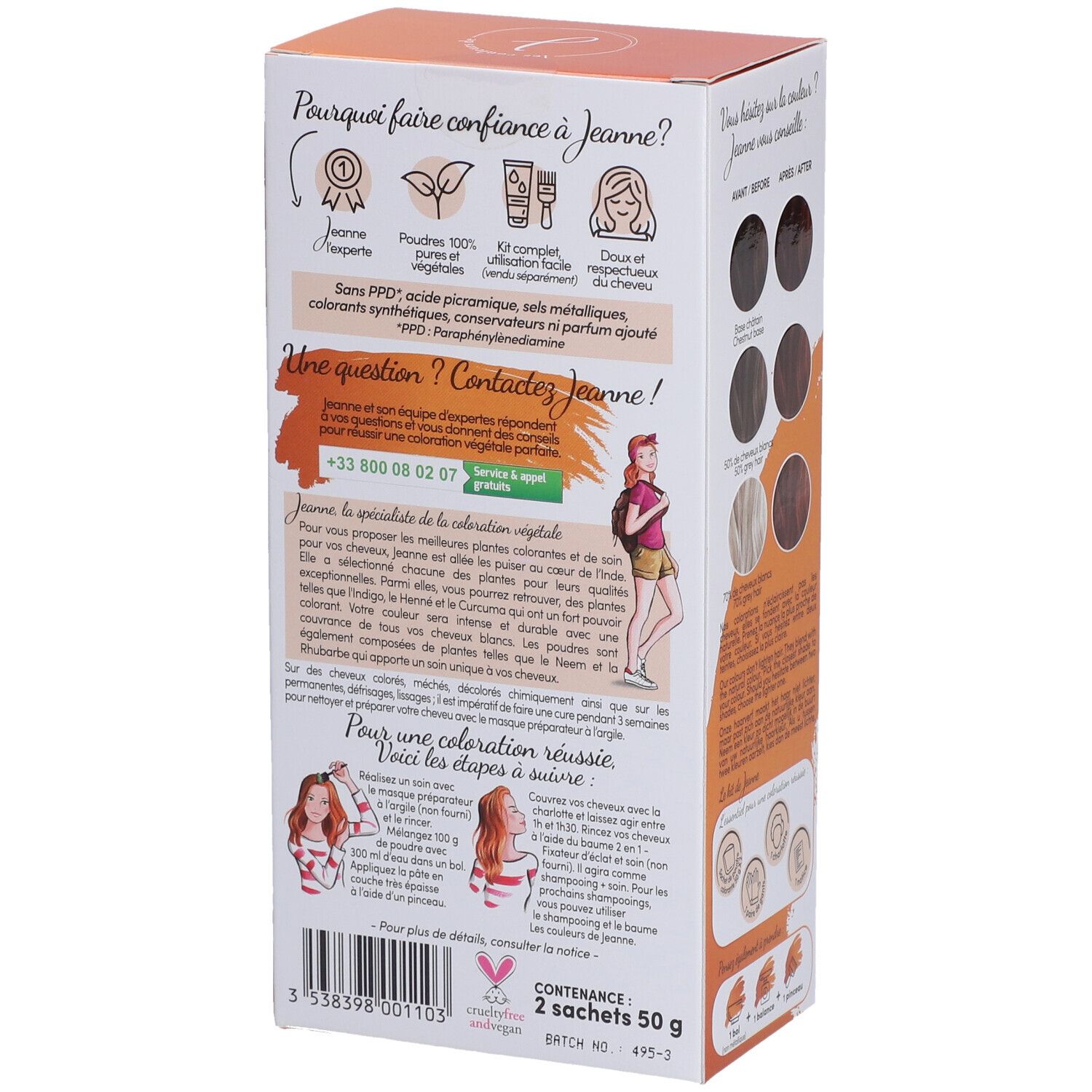 Dos de la boîte de coloration. Texte: "les couleurs de Jeanne". Contient deux sachets de 50g chacun. Informations d'utilisation et ingrédients.