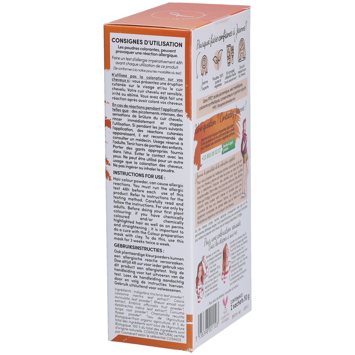 Côté de la boîte de coloration. Texte: "les couleurs de Jeanne". Instructions d'utilisation multilingues. Avertissement de test d'allergie.