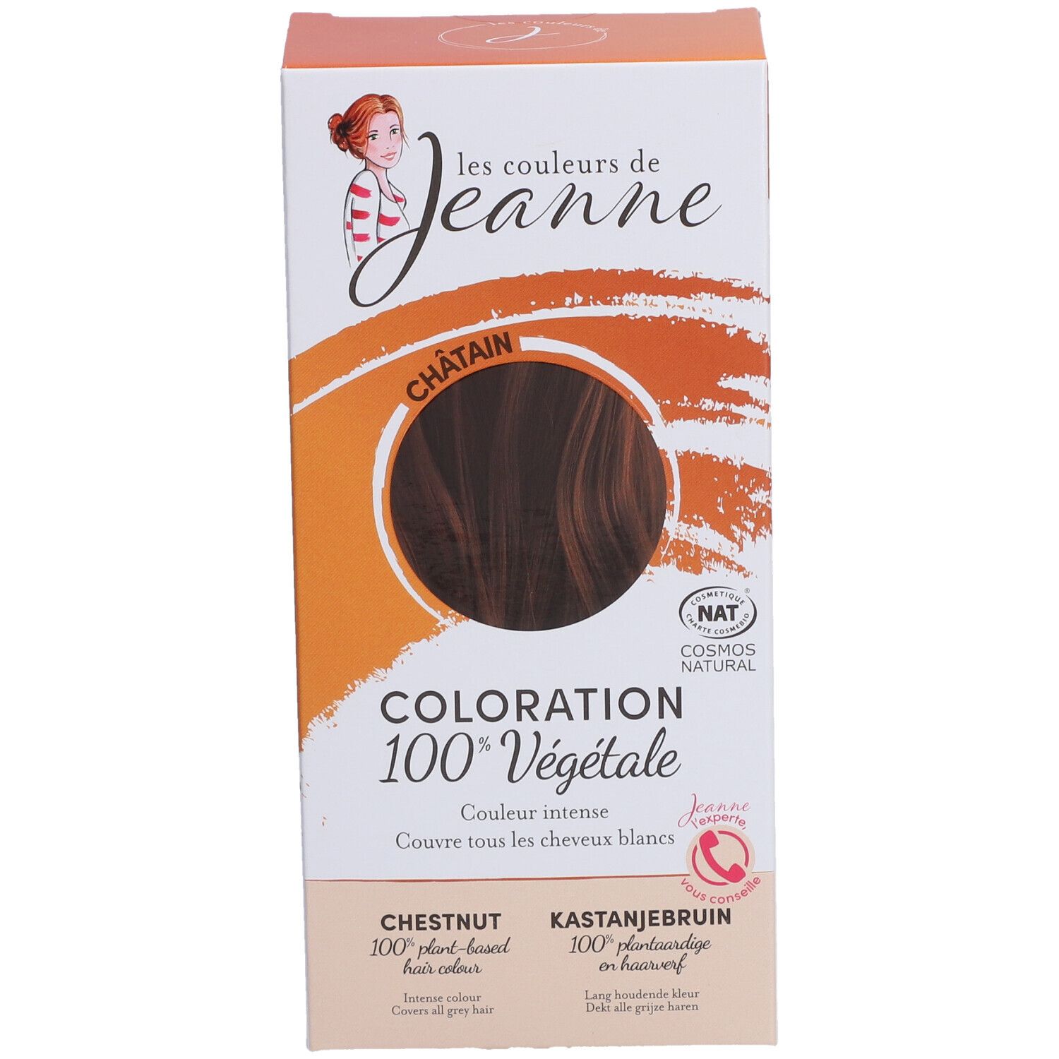 Face avant de la boîte de coloration. Texte: "les couleurs de Jeanne". Produit: "Coloration 100% Végétale". Couleur: Châtain.