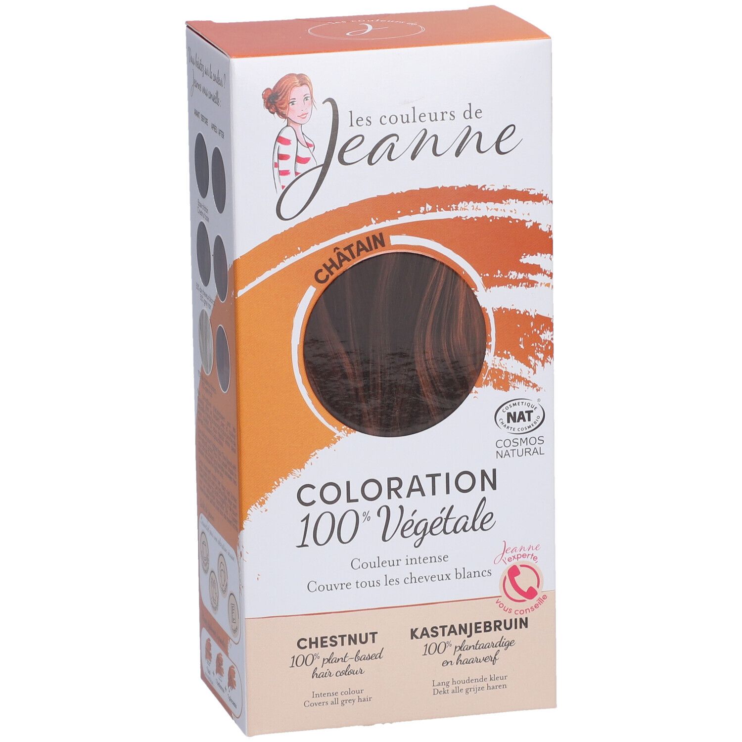 Face avant de la boîte de coloration. Texte: "les couleurs de Jeanne". Produit: "Coloration 100% Végétale". Couleur: Châtain.