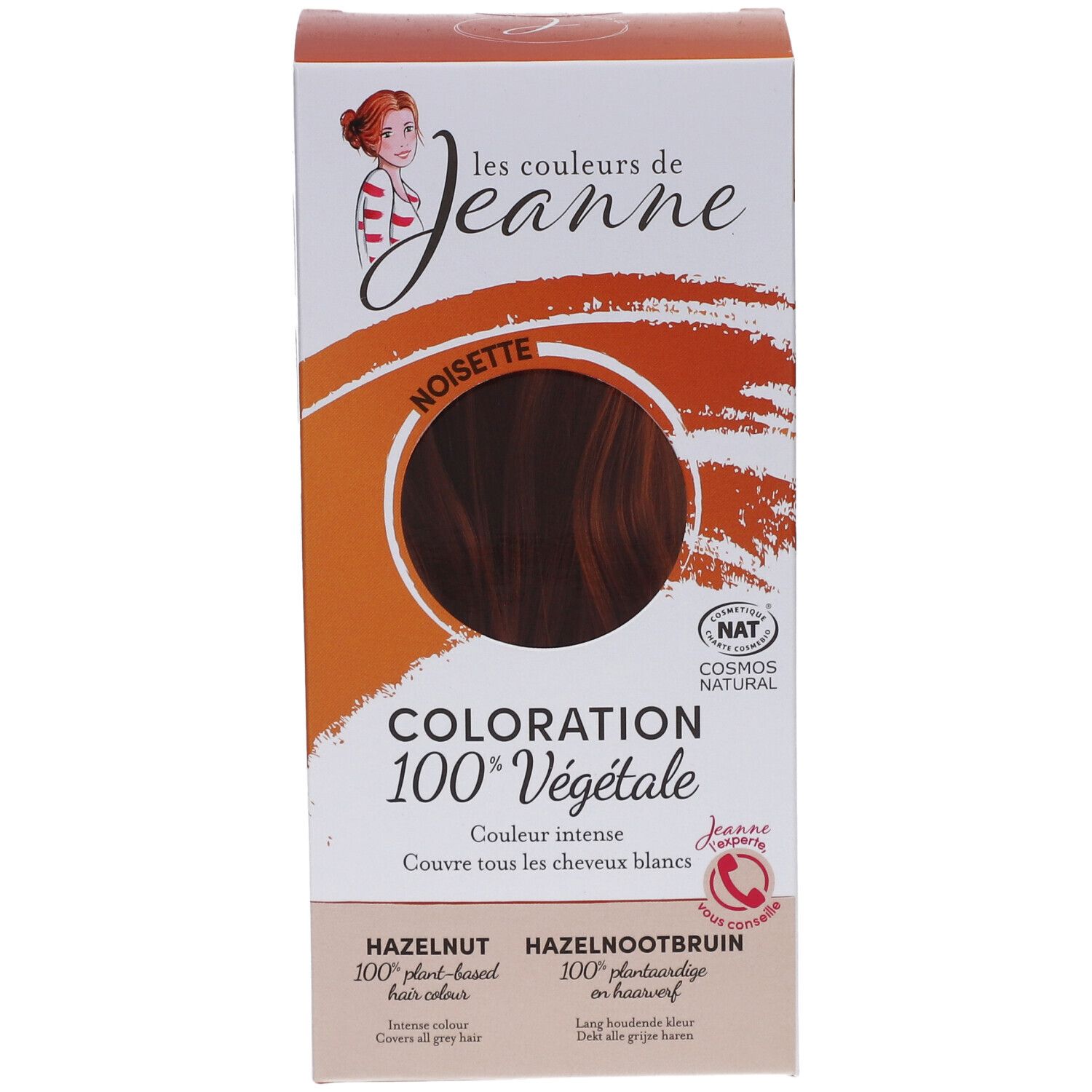 Boîte de coloration capillaire. Inscription : Coloration 100% Végétale. Teinte noisette. Logo : Les couleurs de Jeanne.