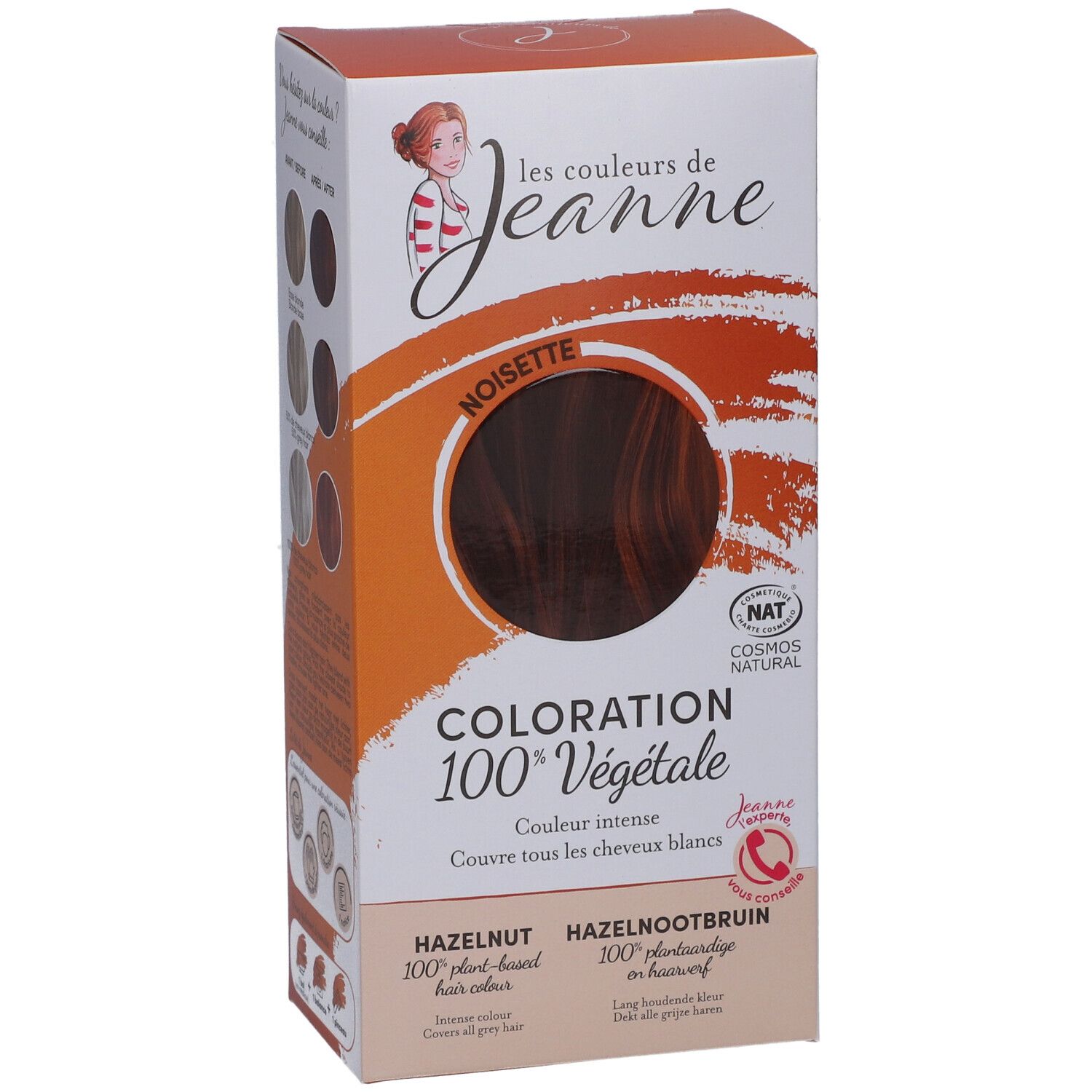 Boîte de coloration capillaire. Inscription : Coloration 100% Végétale. Teinte noisette. Logo : Les couleurs de Jeanne.