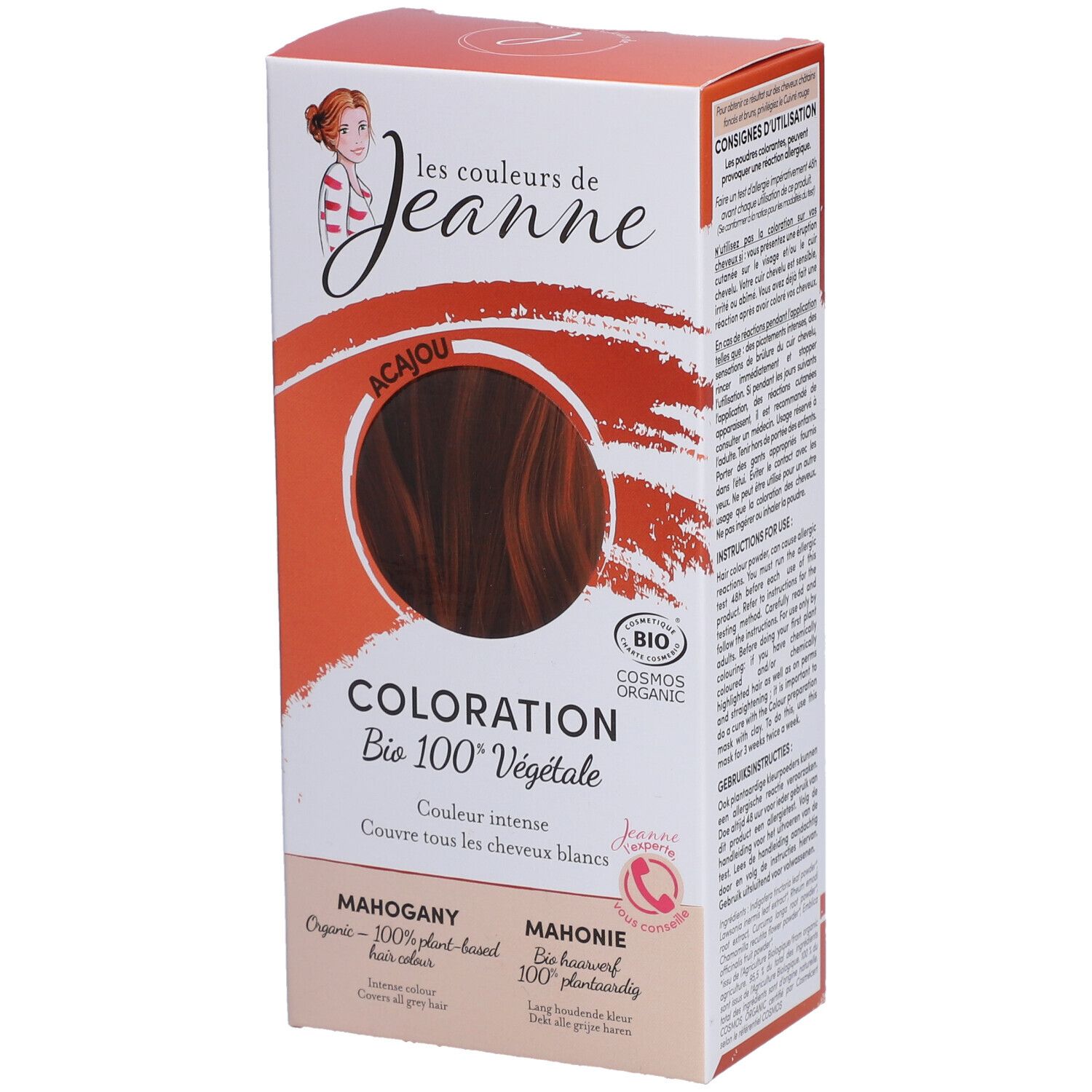Boîte de coloration capillaire. Inscription : Coloration Bio 100% Végétale. Couleur : Acajou. Certification : Cosmos Organic.