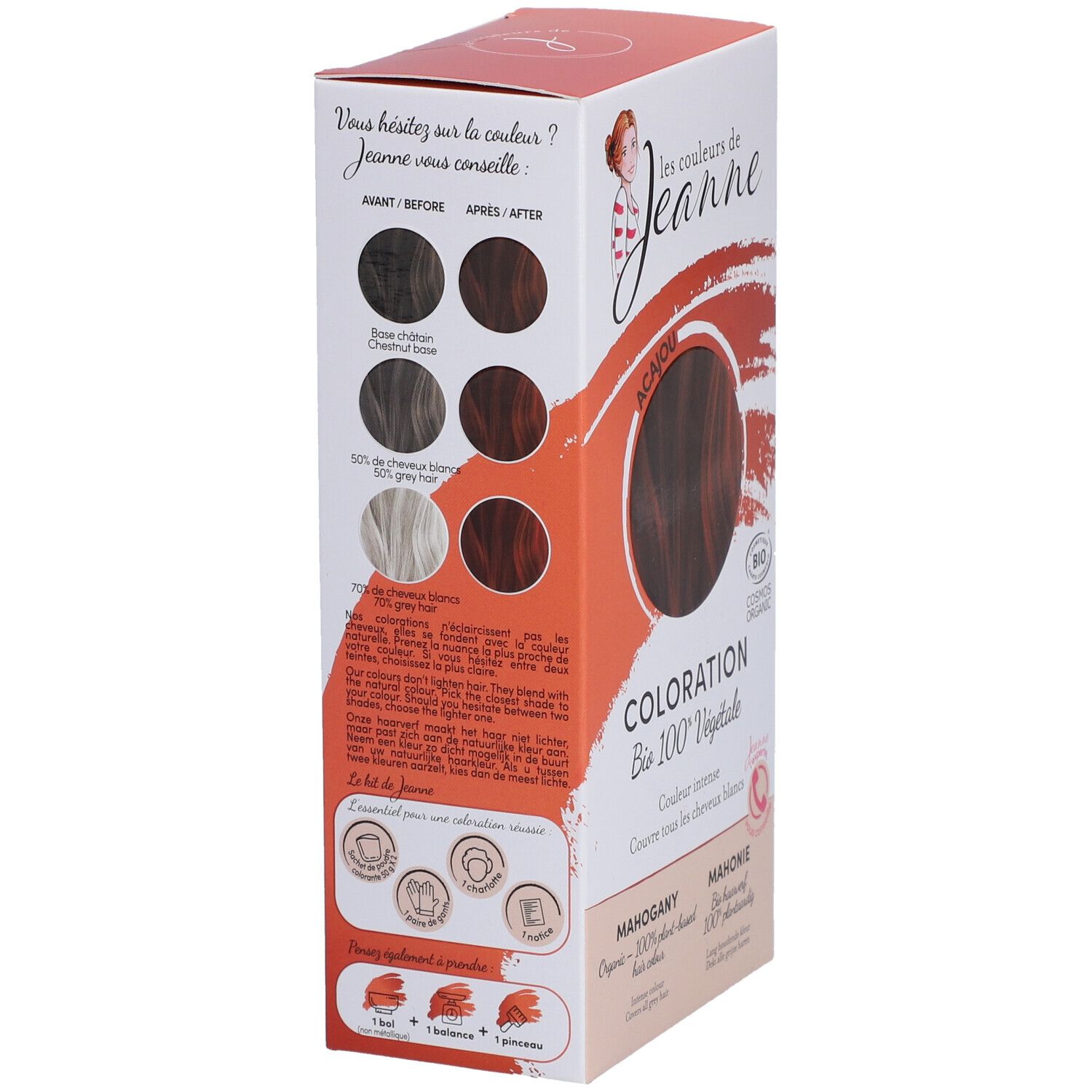 Vue latérale d'une boîte de coloration capillaire. Inscription : Coloration Bio 100% Végétale. Couleur : Acajou. Certification : Cosmos Organic.