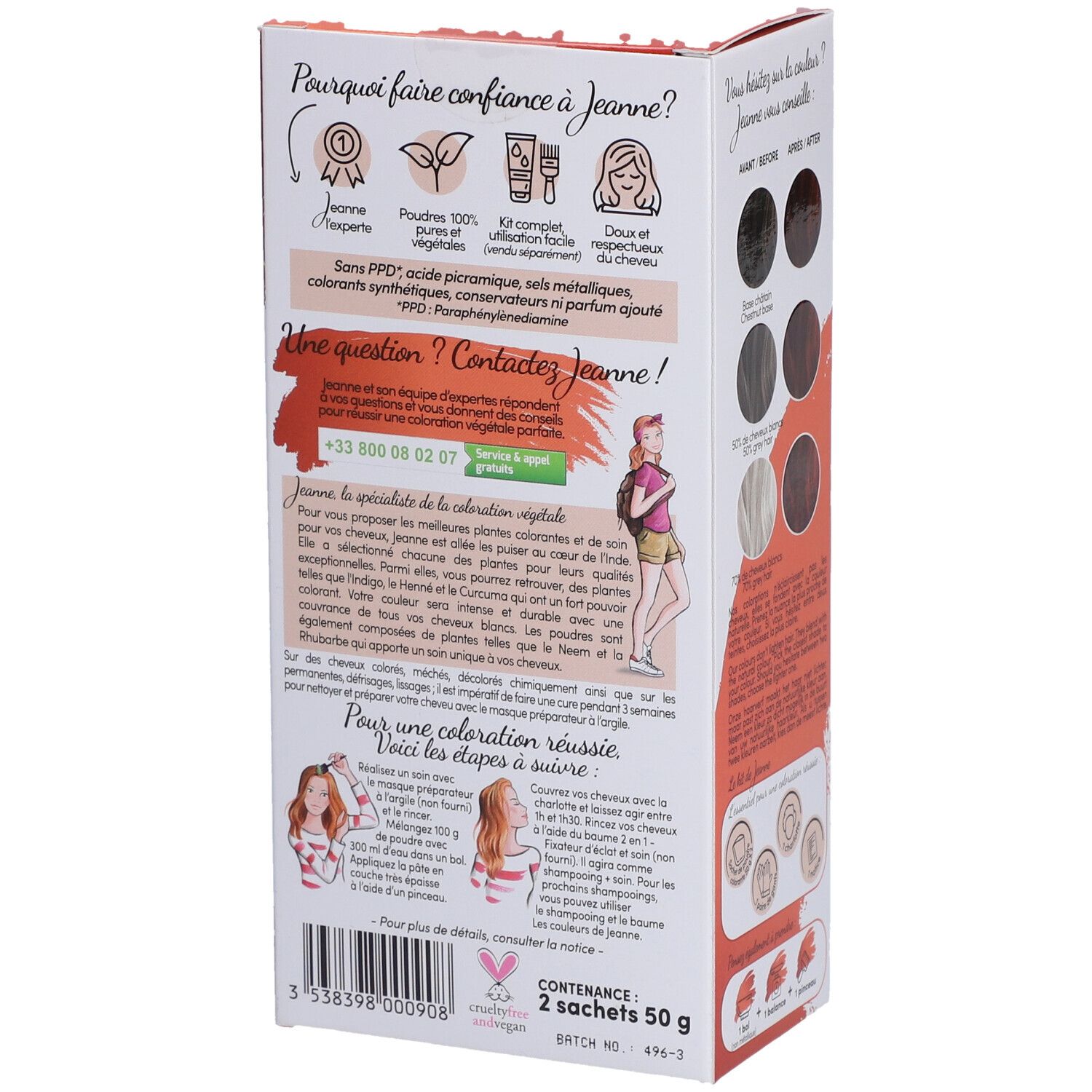 Dos de la boîte de coloration capillaire. Informations sur les ingrédients, l'utilisation et les coordonnées. Deux sachets de 50g.