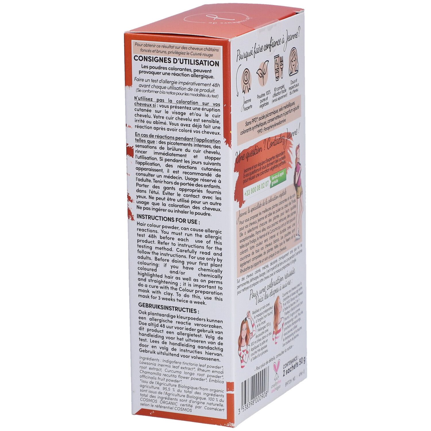 Dos de la boîte de coloration capillaire. Informations sur les précautions et l'utilisation. Deux sachets de 50g.