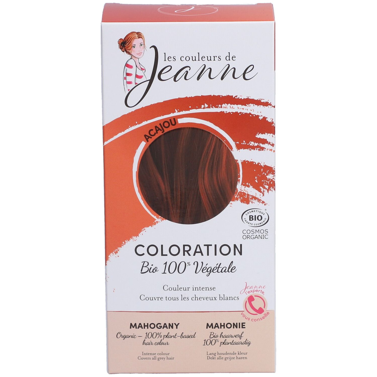Vue de face de la boîte de coloration capillaire. Inscription : Coloration Bio 100% Végétale. Couleur : Acajou. Certification : Cosmos Organic.