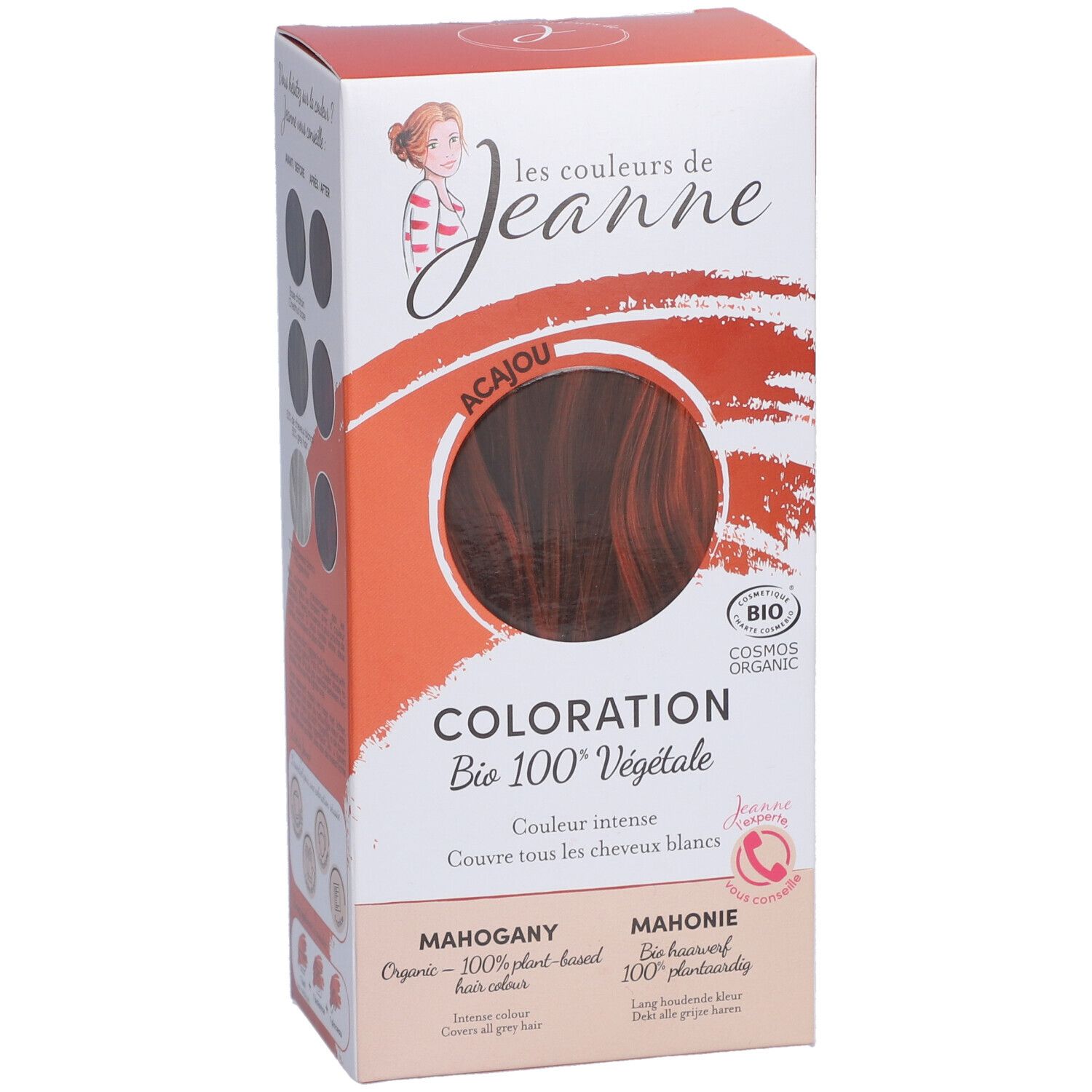 Vue de face de la boîte de coloration capillaire. Inscription : Coloration Bio 100% Végétale. Couleur : Acajou. Certification : Cosmos Organic.