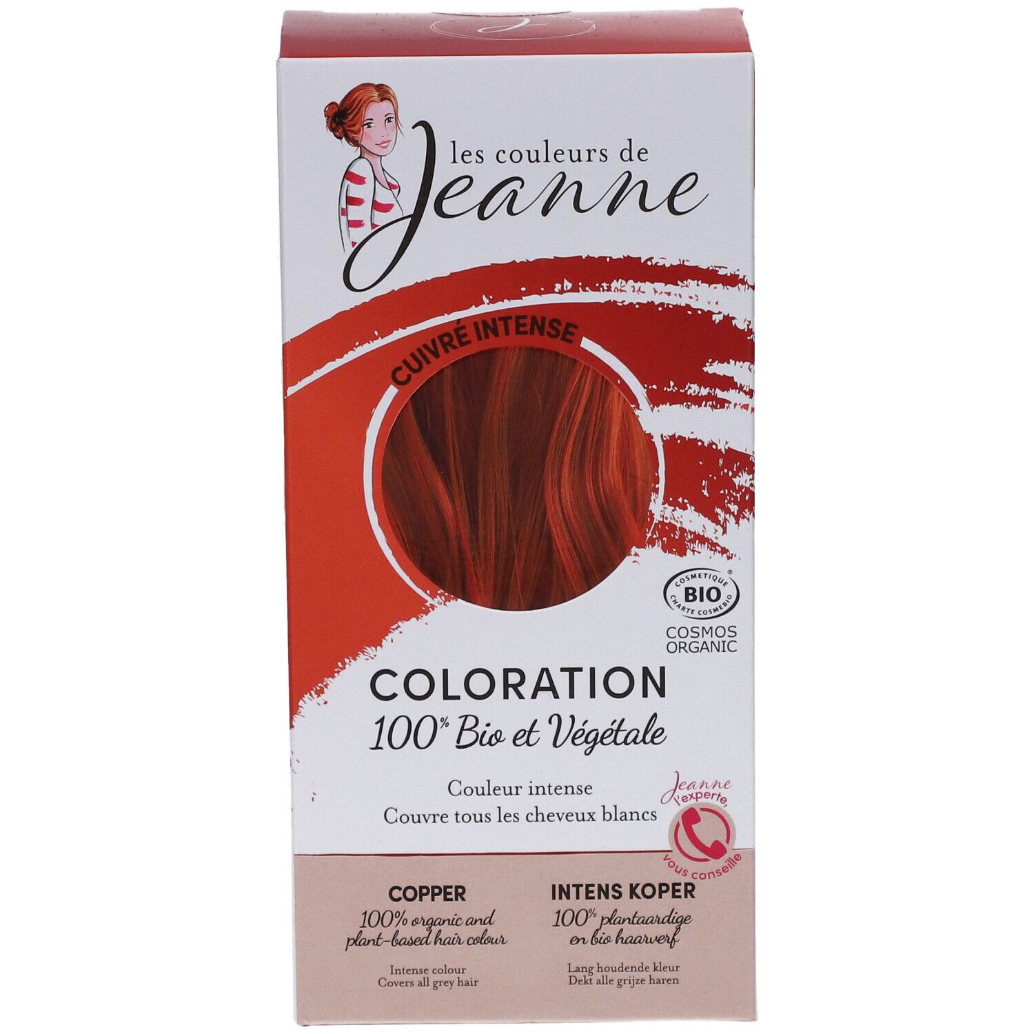 Boîte de coloration cuivrée. Inscription : "les couleurs de Jeanne", "Coloration 100% Bio et Végétale". Label bio.