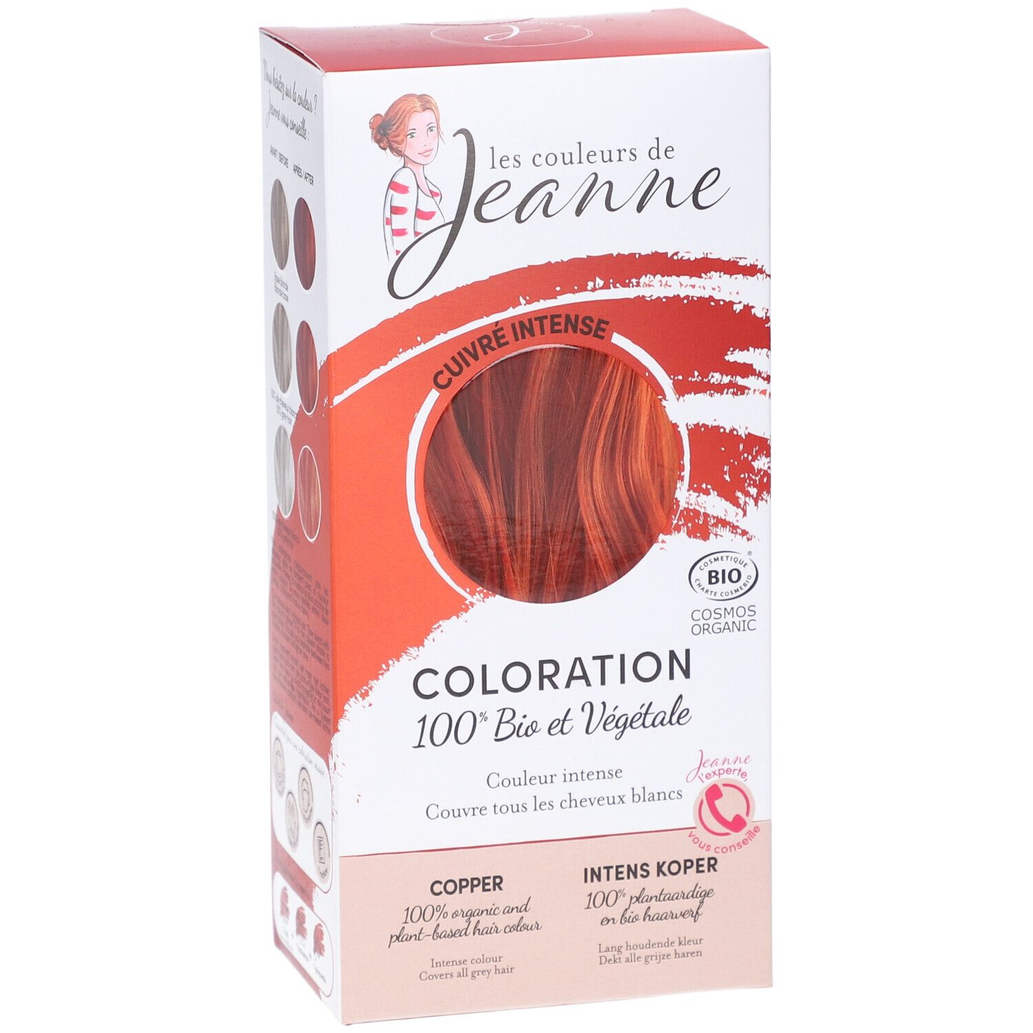 Boîte de coloration cuivrée. Inscription : "les couleurs de Jeanne", "Coloration 100% Bio et Végétale". Label bio.