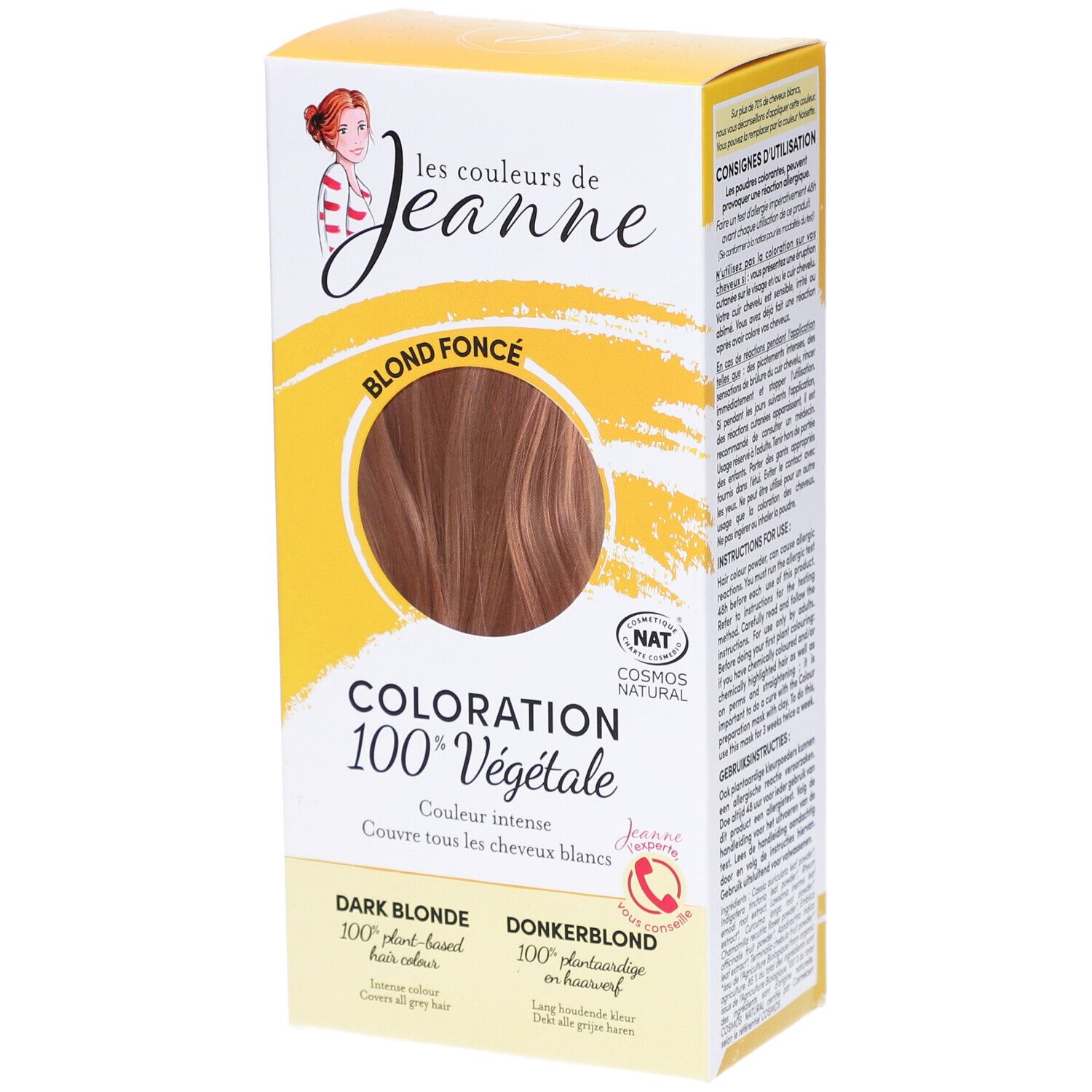 Boîte Coloration Blond foncé 100% végétale. Inscription: Blond foncé, 100% végétale, NAT COSMOS NATURAL.