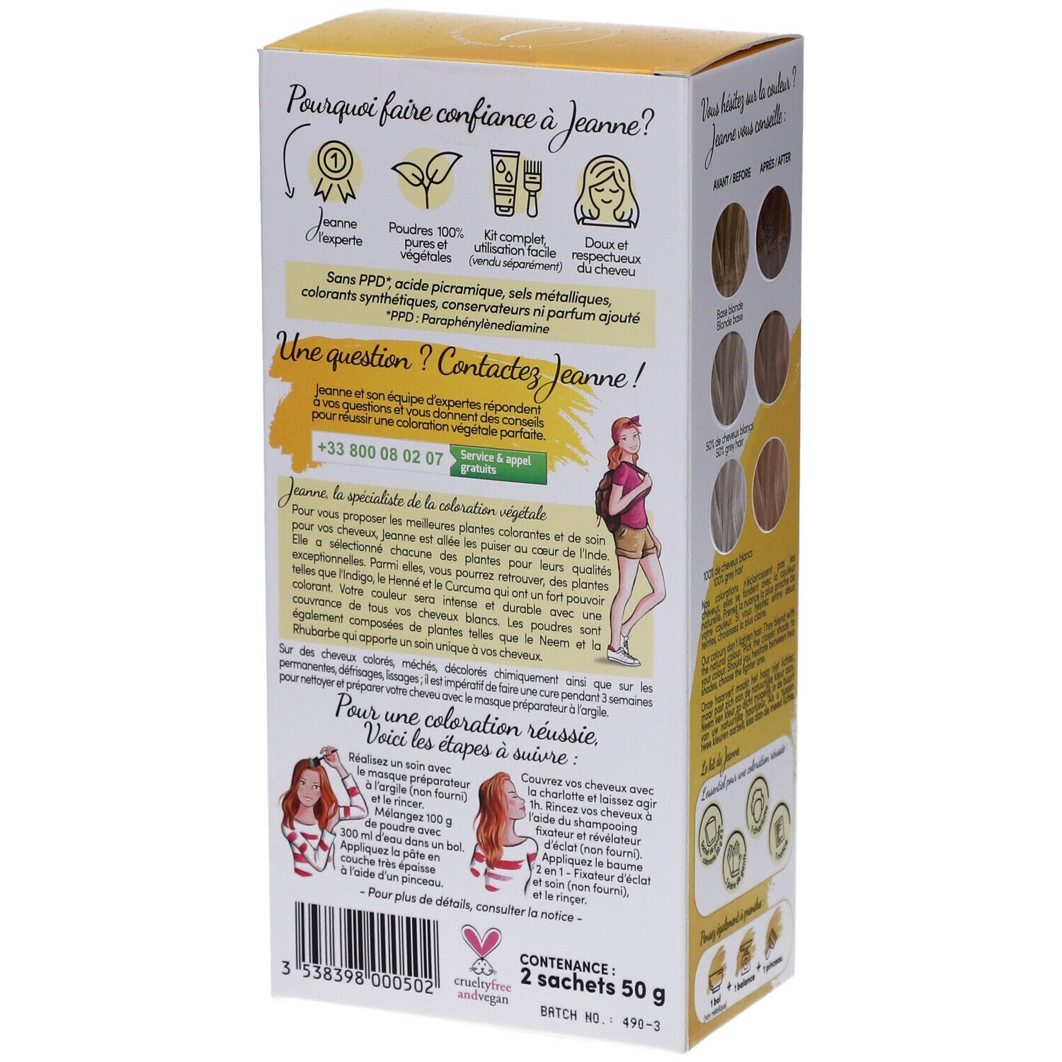 Dos de la boîte Coloration Blond foncé 100% végétale. Texte et illustrations. Contenu: 2 sachets de 50 g.