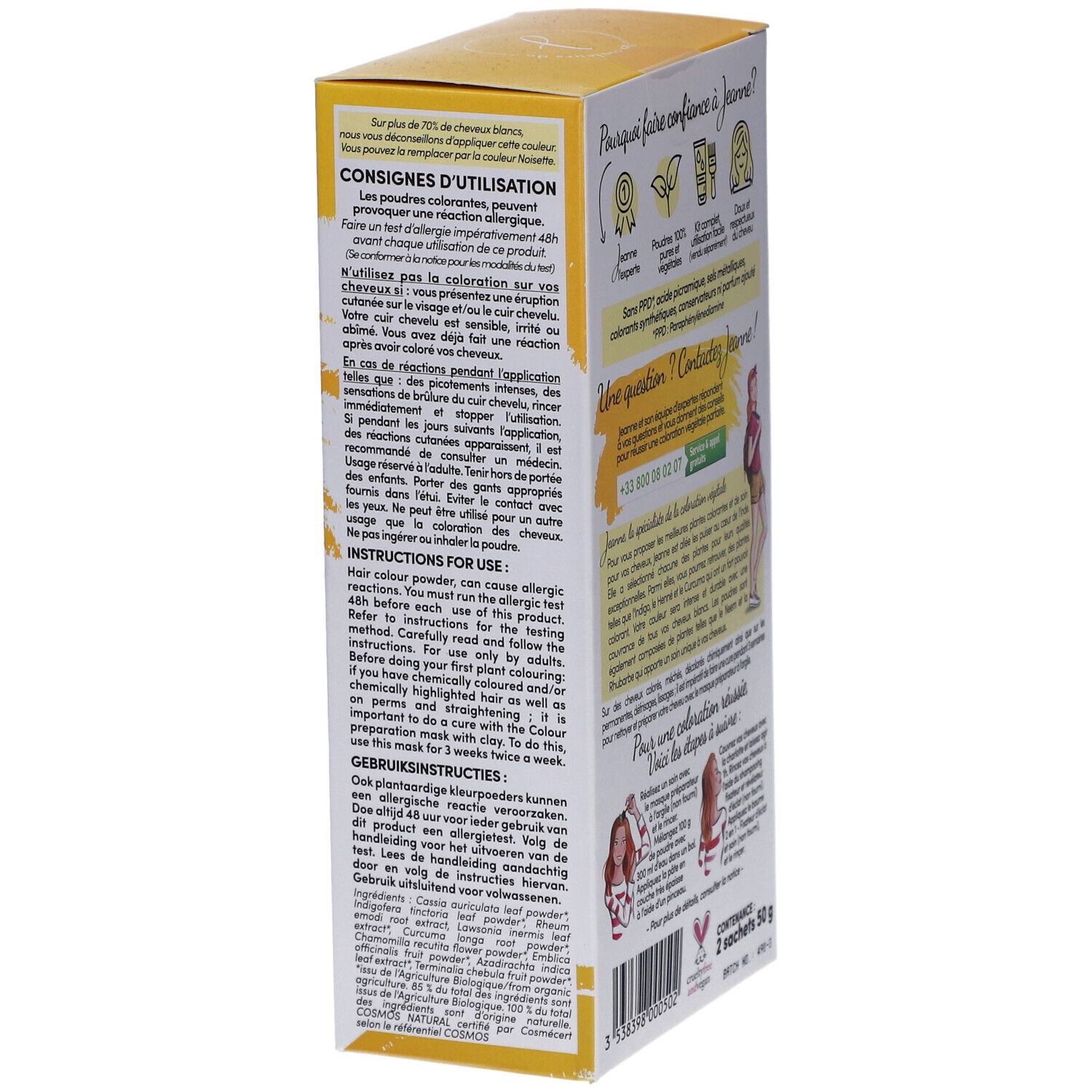 Côté de la boîte Coloration Blond foncé 100% végétale. Texte: Consignes d'utilisation, Gebruiksaanwijzing.