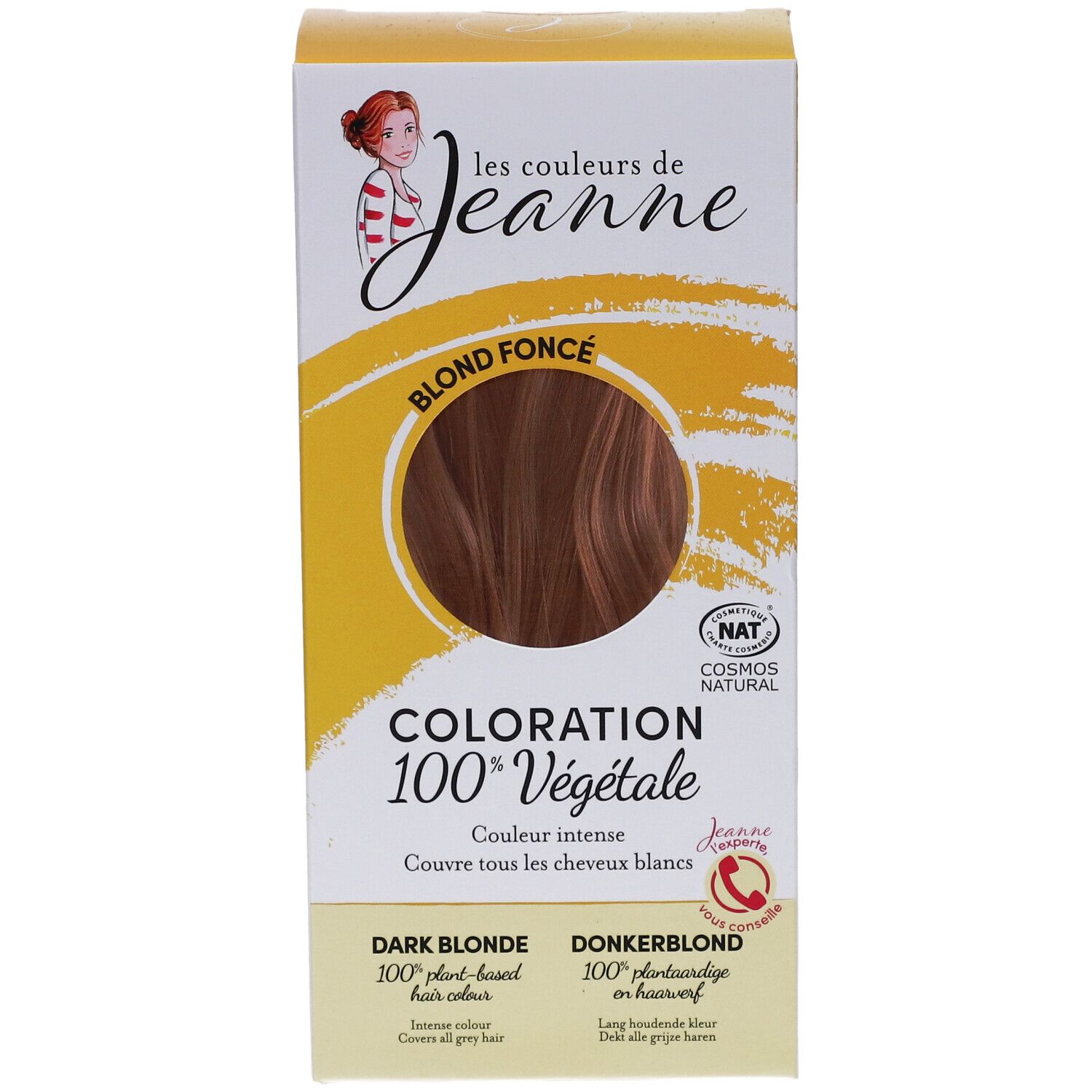 Face avant de la boîte Coloration Blond foncé 100% végétale. Inscription: Blond foncé, 100% végétale, NAT COSMOS NATURAL.
