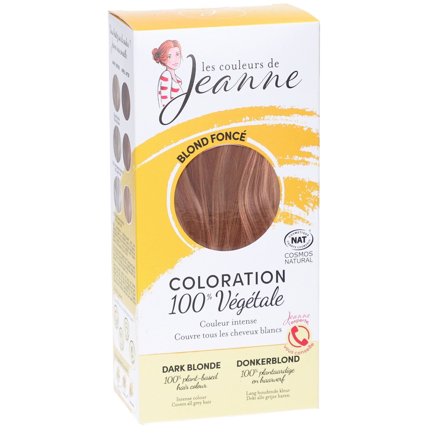 Face avant de la boîte Coloration Blond foncé 100% végétale. Inscription: Blond foncé, 100% végétale, NAT COSMOS NATURAL.