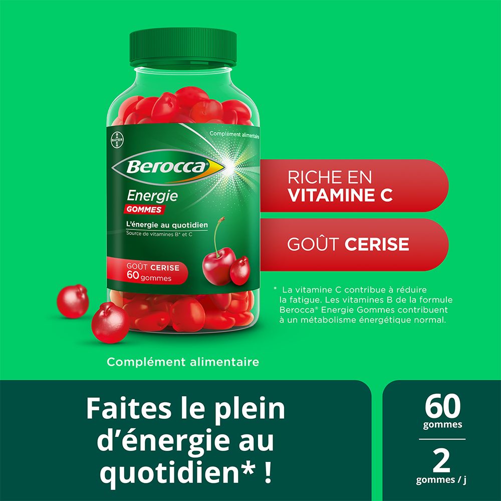 Berocca Energie Gummies. Goût cerise. 60 gommes. Textes rouges: Riche en vitamine C, Goût cerise.