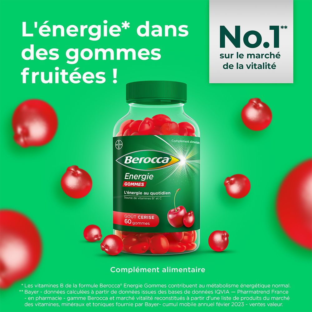 Berocca Energie Gummies. 60 gommes. Flacon avec gommes et cerises sur fond vert. Texte: N°1 sur la vitalité.