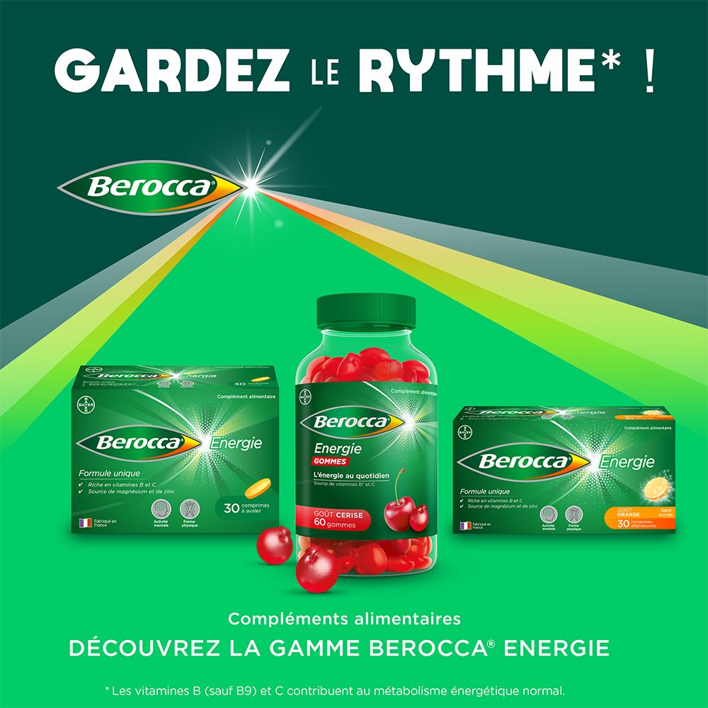 Berocca Energie Gummies. 3 produits: 60 gommes, 30 gommes, 30 gommes. Gommes rouges. Fond vert.