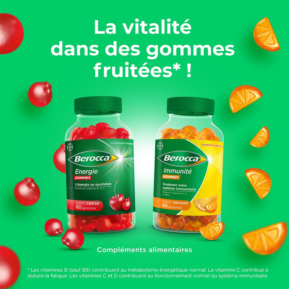 Berocca Energie Gummies et Immunité. 2 flacons de gommes. Gommes rouges et oranges. Fond vert.