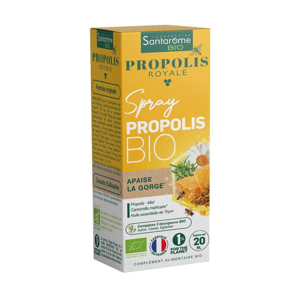 Boîte jaune Santarome BIO Propolis Royale Spray. Texte et illustrations d'abeilles et de rayons de miel.