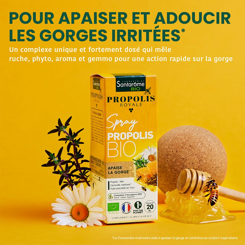 Fond jaune avec Santarome BIO Propolis Royale Spray. Illustrations de rayons de miel, d'abeilles et d'herbes.