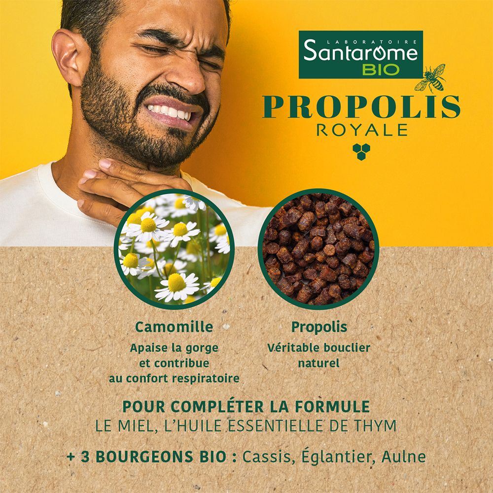 Fond jaune avec illustrations. Camomille, Propolis. Texte : Pour compléter la formule : miel, huile de thym, +3 bourgeons bio.