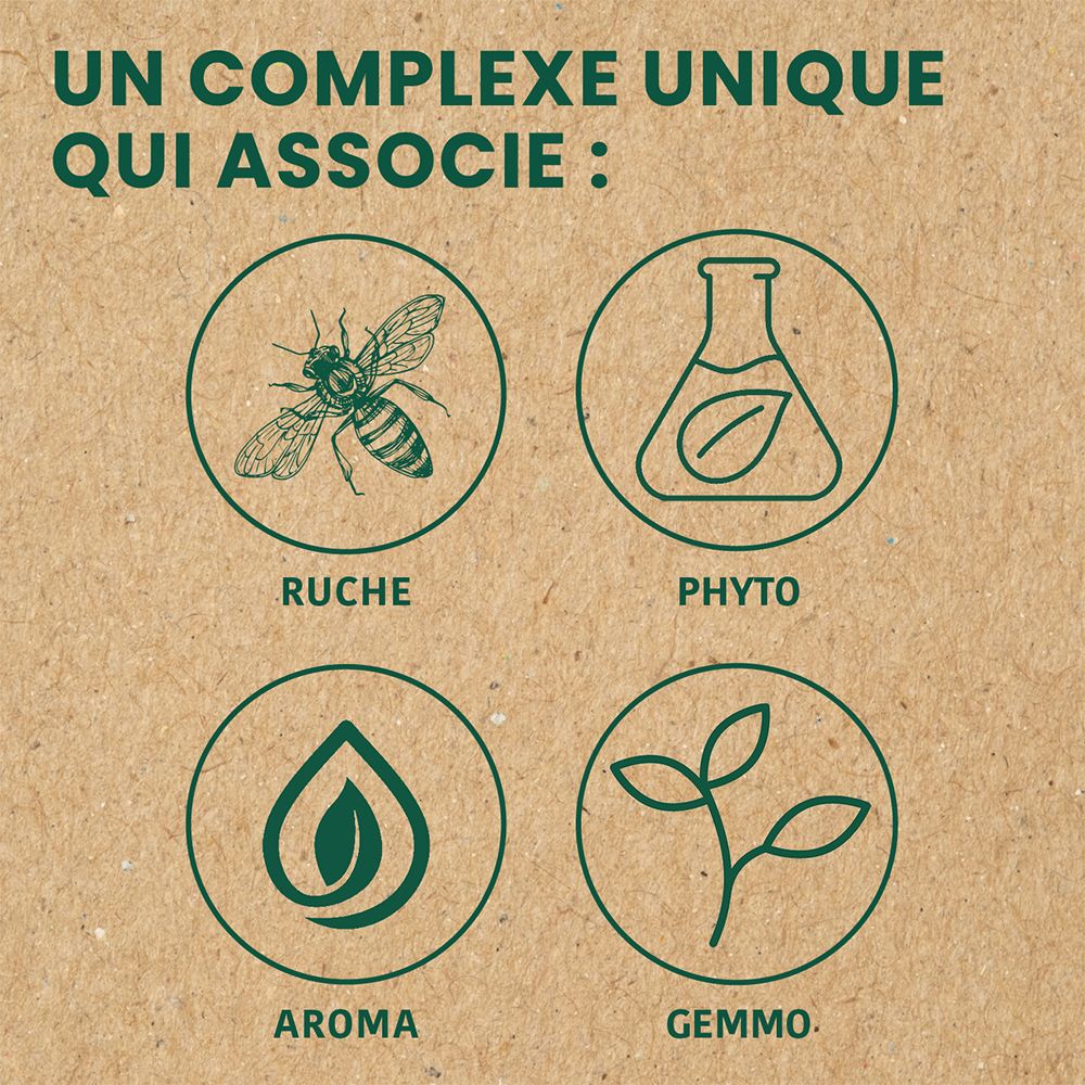 Illustrations d'abeilles, phyto, arôme et gemmo dans des cercles. Texte : Un complexe unique qui associe :