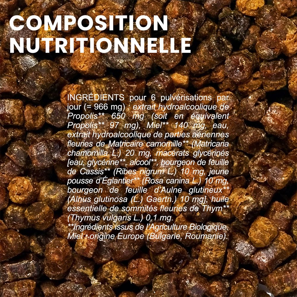 Gros plan sur la propolis. Texte : Composition nutritionnelle. Ingrédients pour 6 pulvérisations.