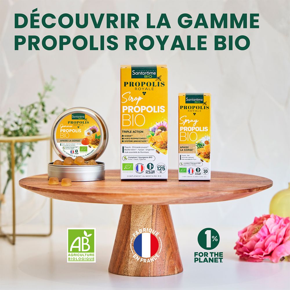 Plateau en bois avec différents produits Santarome BIO Propolis Royale. Certifications et logo.