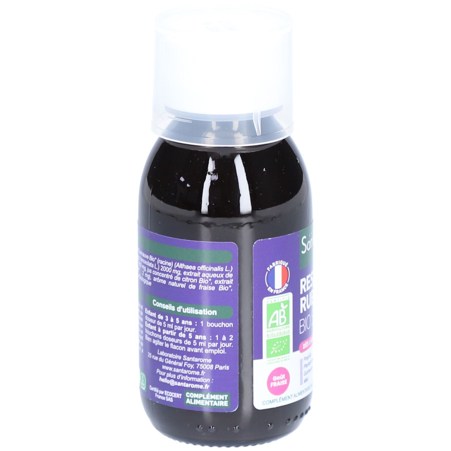 Dos d'une bouteille de liquide brun. Étiquette avec ingrédients, mode d'emploi et informations fabricant.
