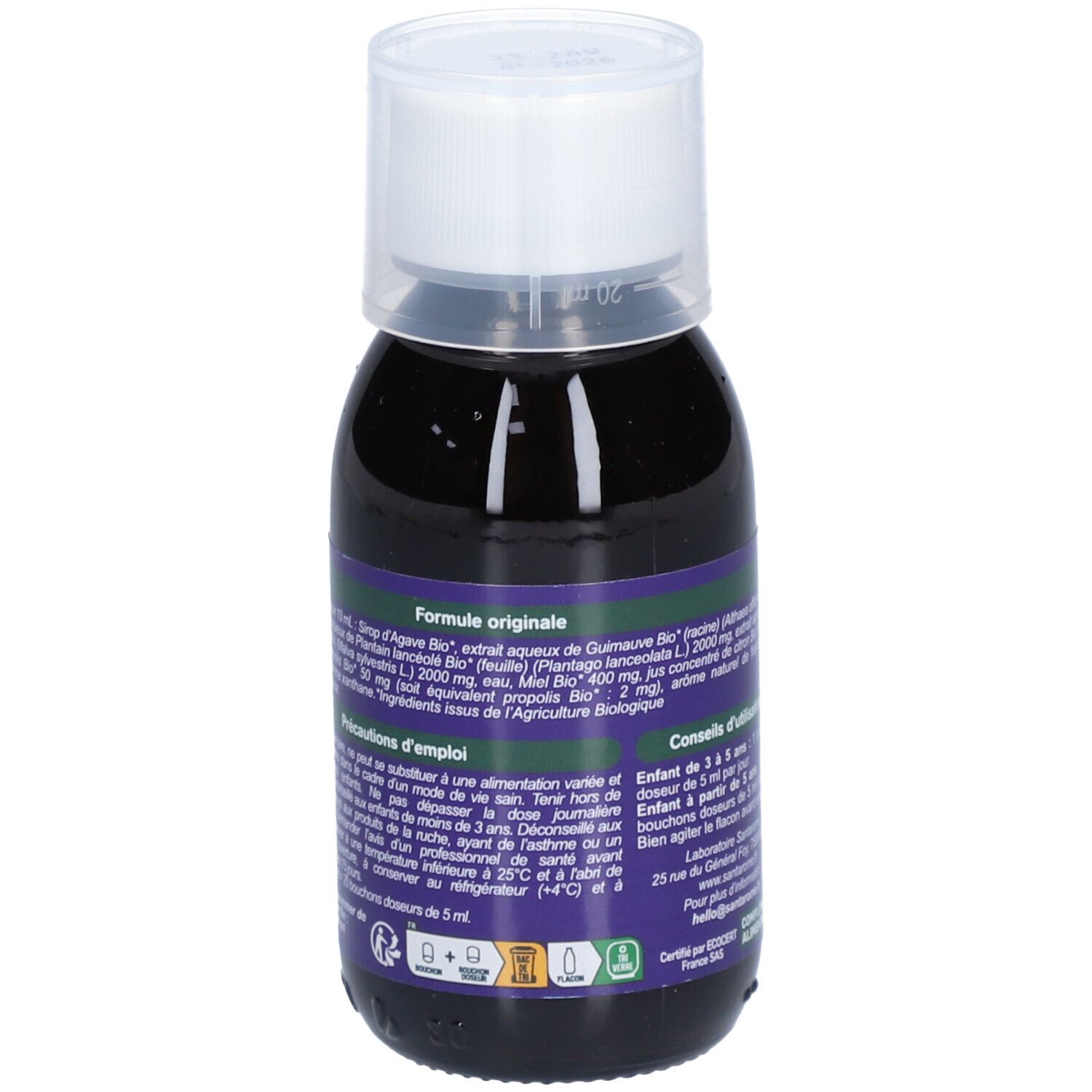 Bouteille de liquide brun. Étiquette avec ingrédients, mode d'emploi et avertissements.